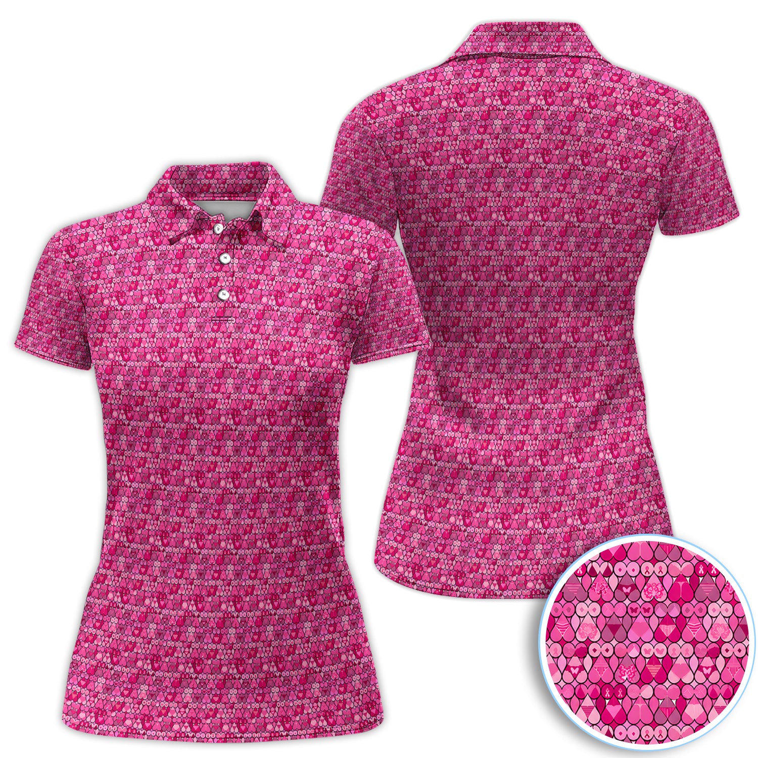 Breast Cancer Awareness Polo Shirt for Women– Pink Ribbon Hope Pattern Polo