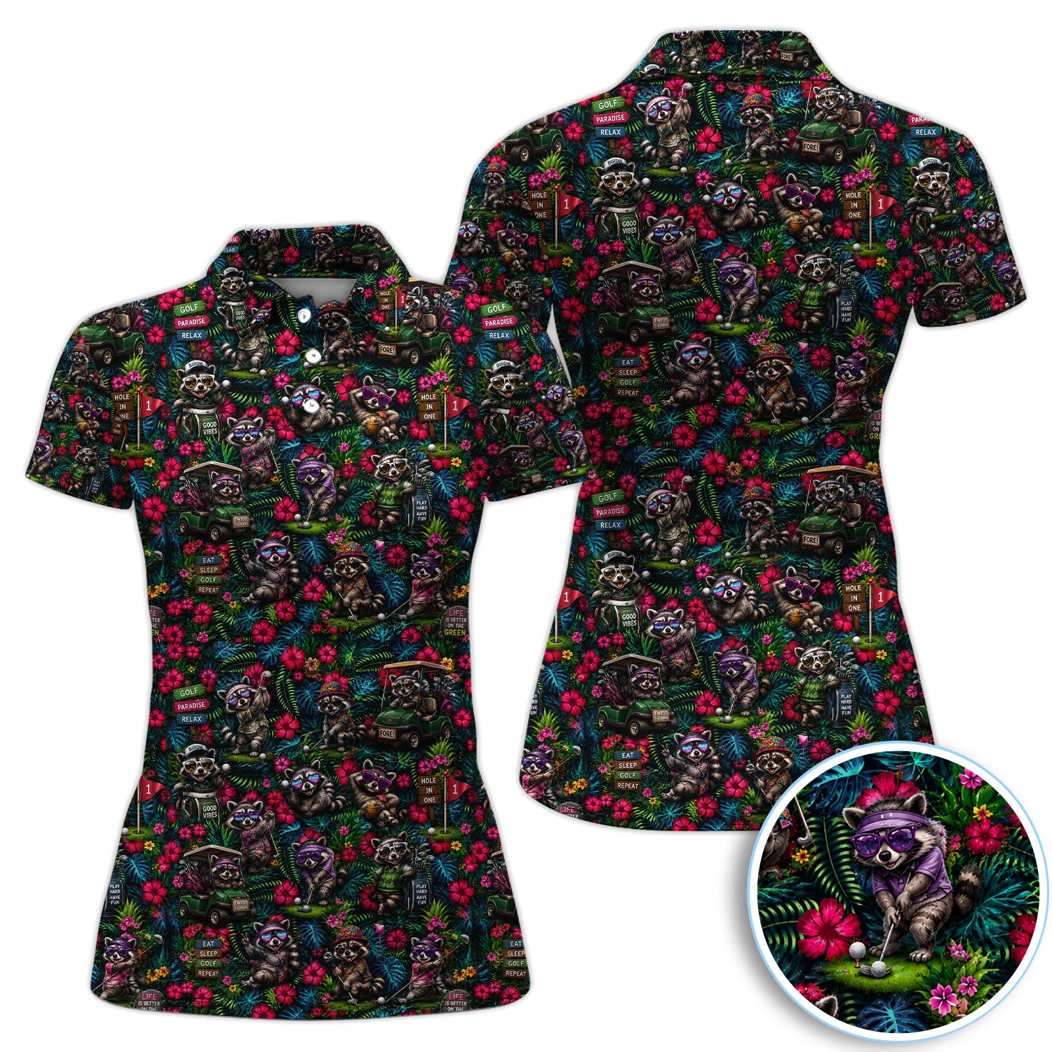 Funny Raccoon Tropical Golf Pattern Shirt, Raccoon Golfer Golf Shirt For Women, Golf Lover Gift