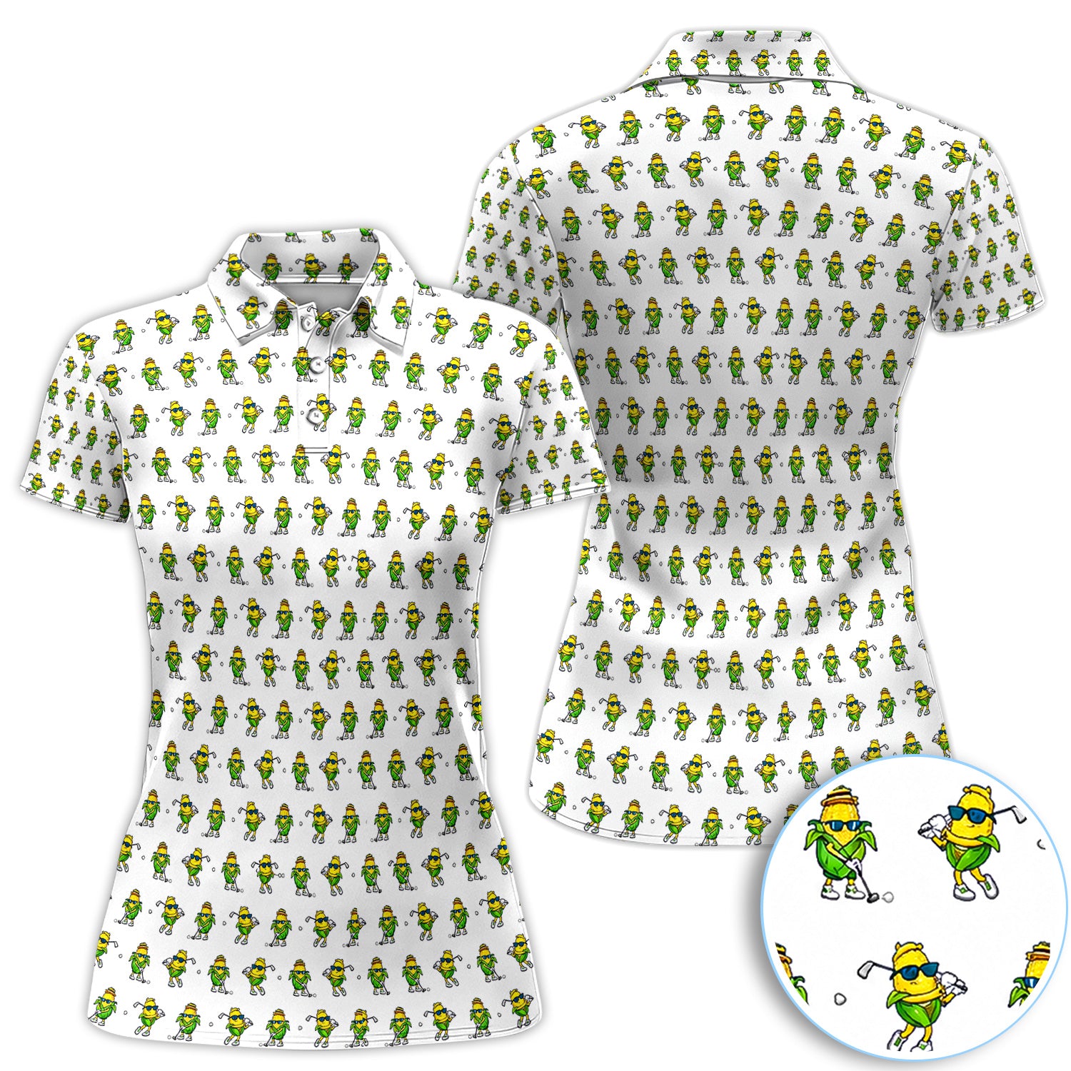 Funny Corn Golfer Pattern Golf Shirt, Cartoon Corn Golf Polo Shirt For Women, Golf Lover Gift