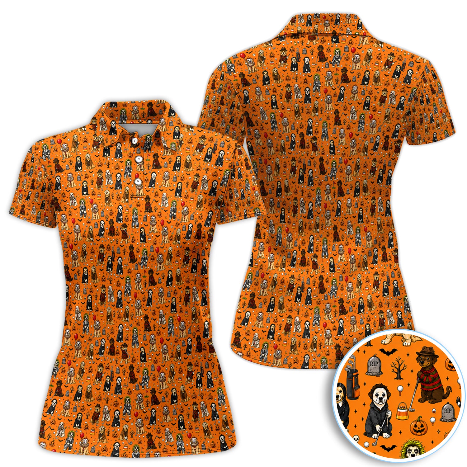 Funny Horror Dog Halloween Golf Pattern Shirt, Spooky Dog Golf Polo For Women, Halloween Golfer Gift