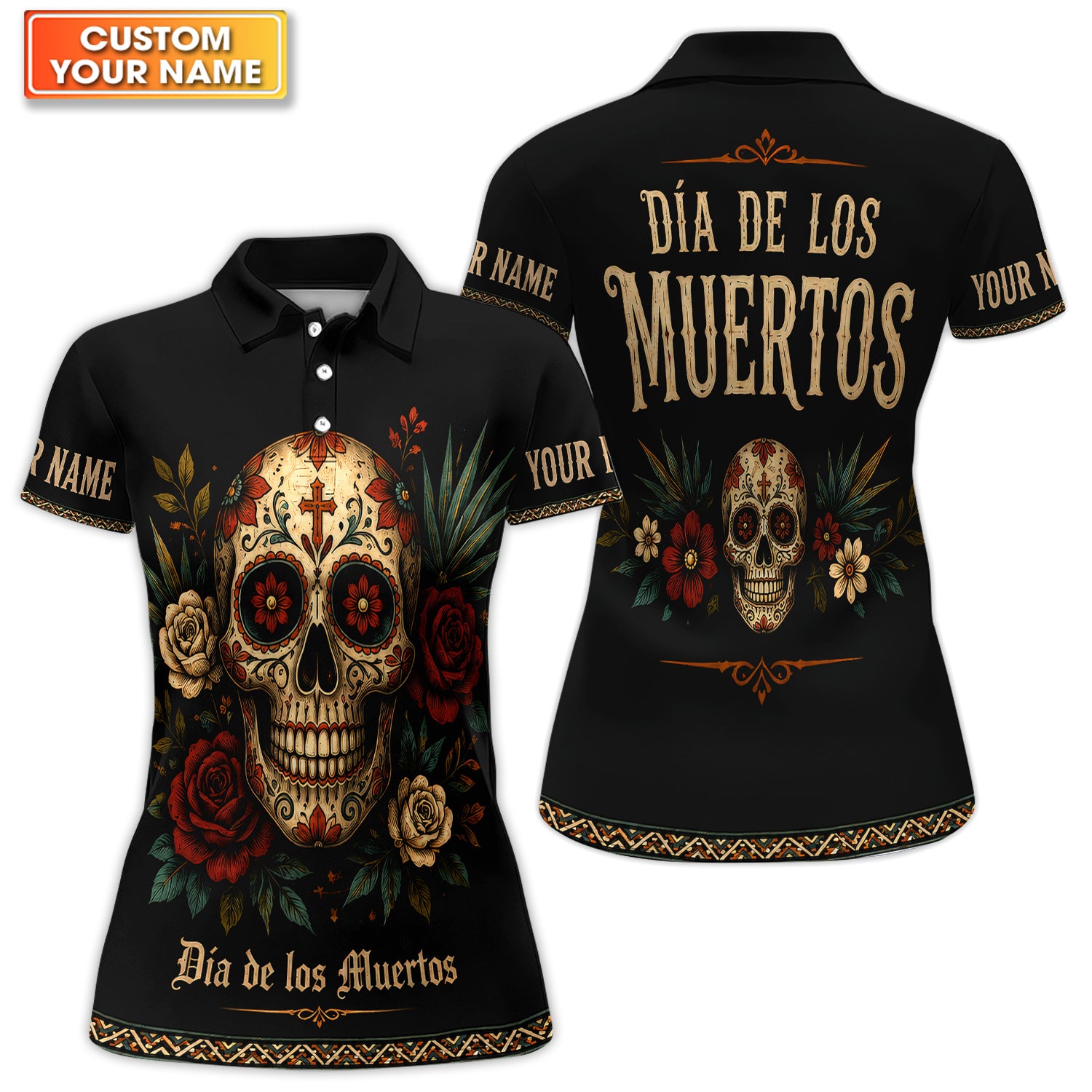 Personalized Sugar Skull Hawaiian Shirt, Día de los Muertos Floral Button Up Shirt For Women