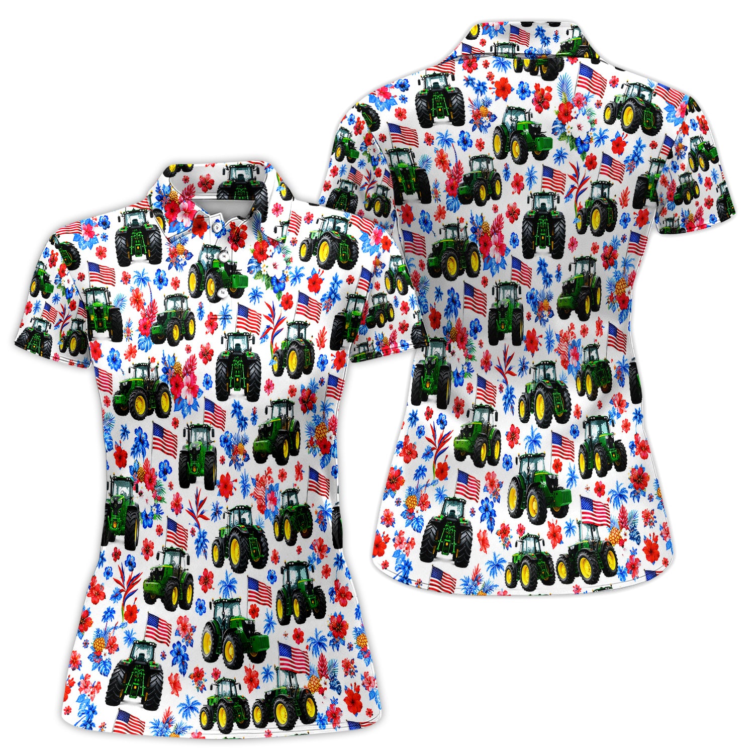 American Tractor Floral Golf Pattern Shirt, USA Flag Farm Golf Shirt For Women, 4th Of July Gift