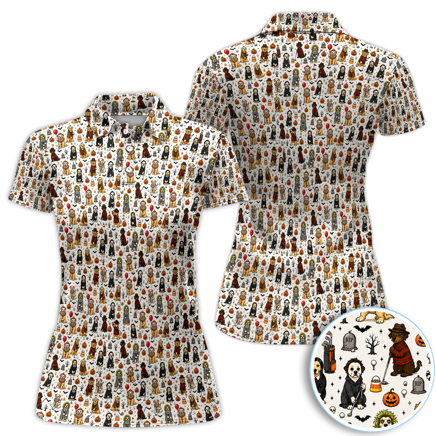 Funny Horror Dog Halloween Golf Pattern Shirt, Spooky Movie Dog Golf Shirt For Women, Halloween Golf Gift