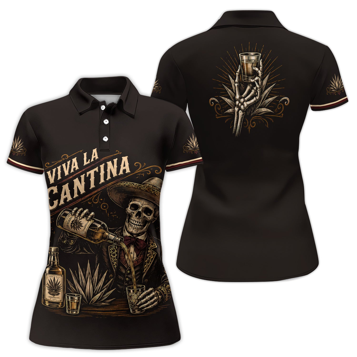 Mexican Cantina Polo Shirt for Women – Viva La Cantina Skeleton Tequila Party Shirt