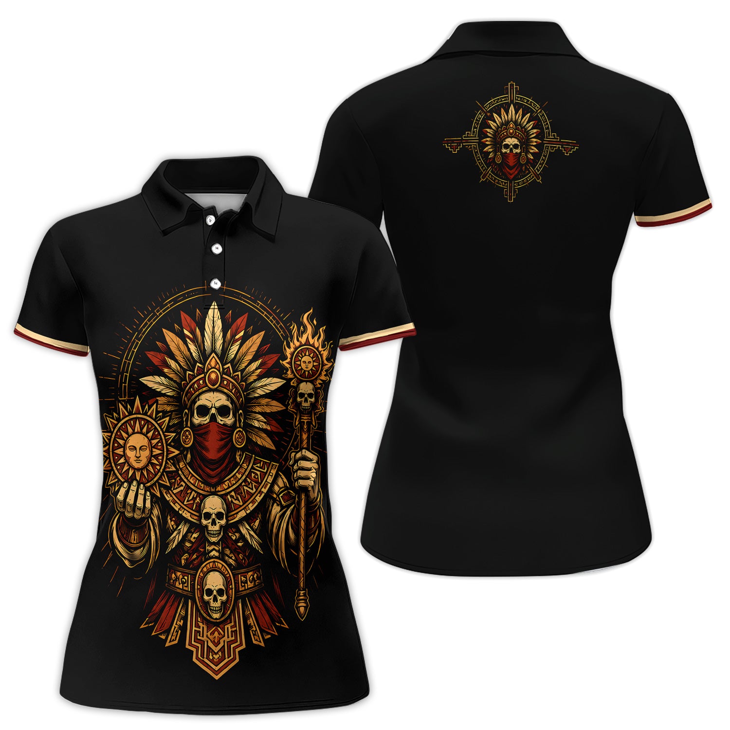 Calavera Warrior Polo Shirt for Winen – Aztec-Inspired Mexican Skull Guardian Polo