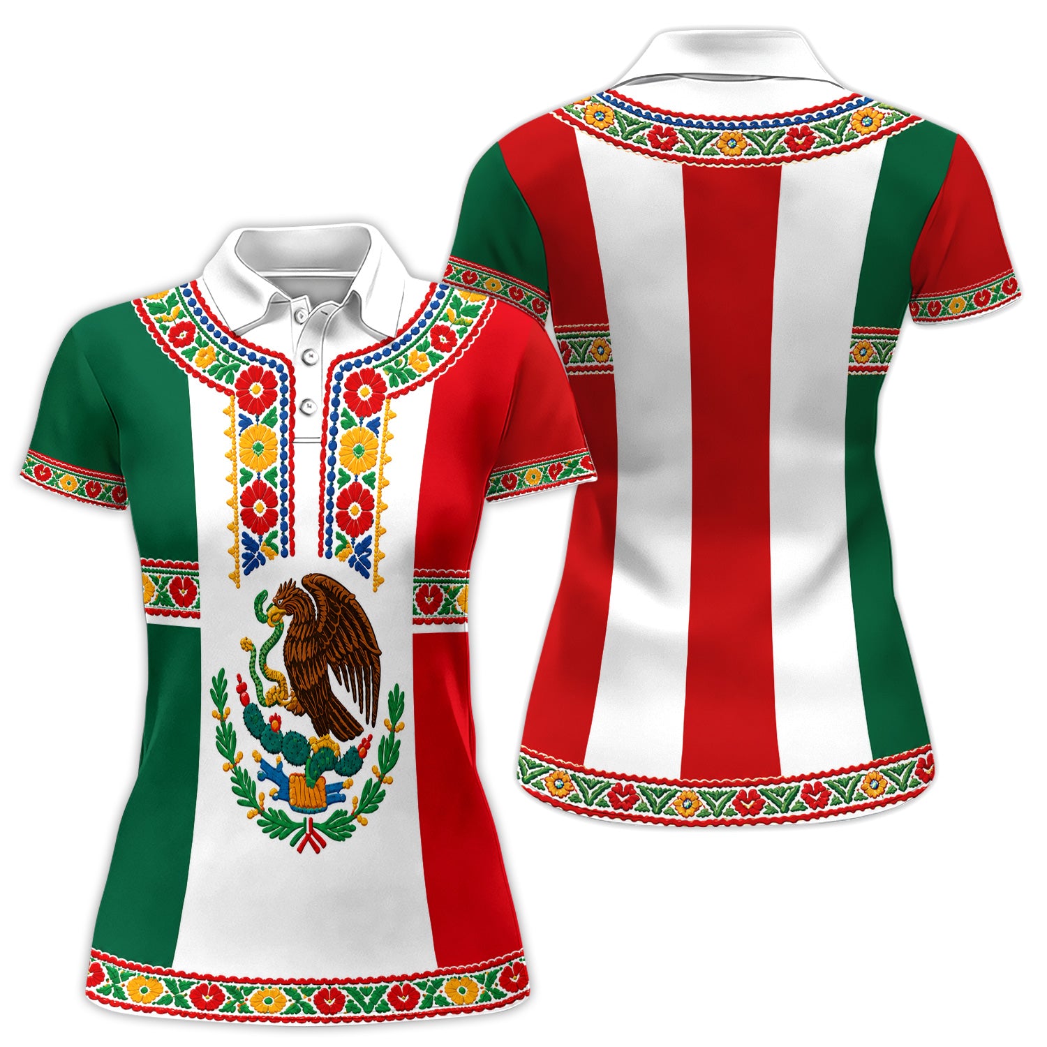 Mexican Heritage Floral Golf Pattern Shirt, Mexico Eagle Golf Shirt For Women, Patriotic Golf Gift
