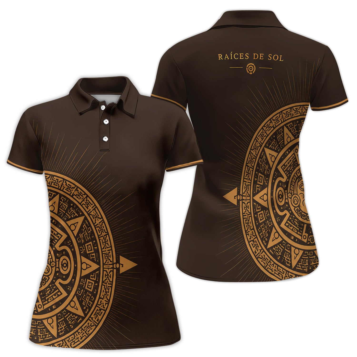 Raíces de Sol Aztec Calendar Polo Shirt for Women – Mexican Heritage Brown Gold Polo