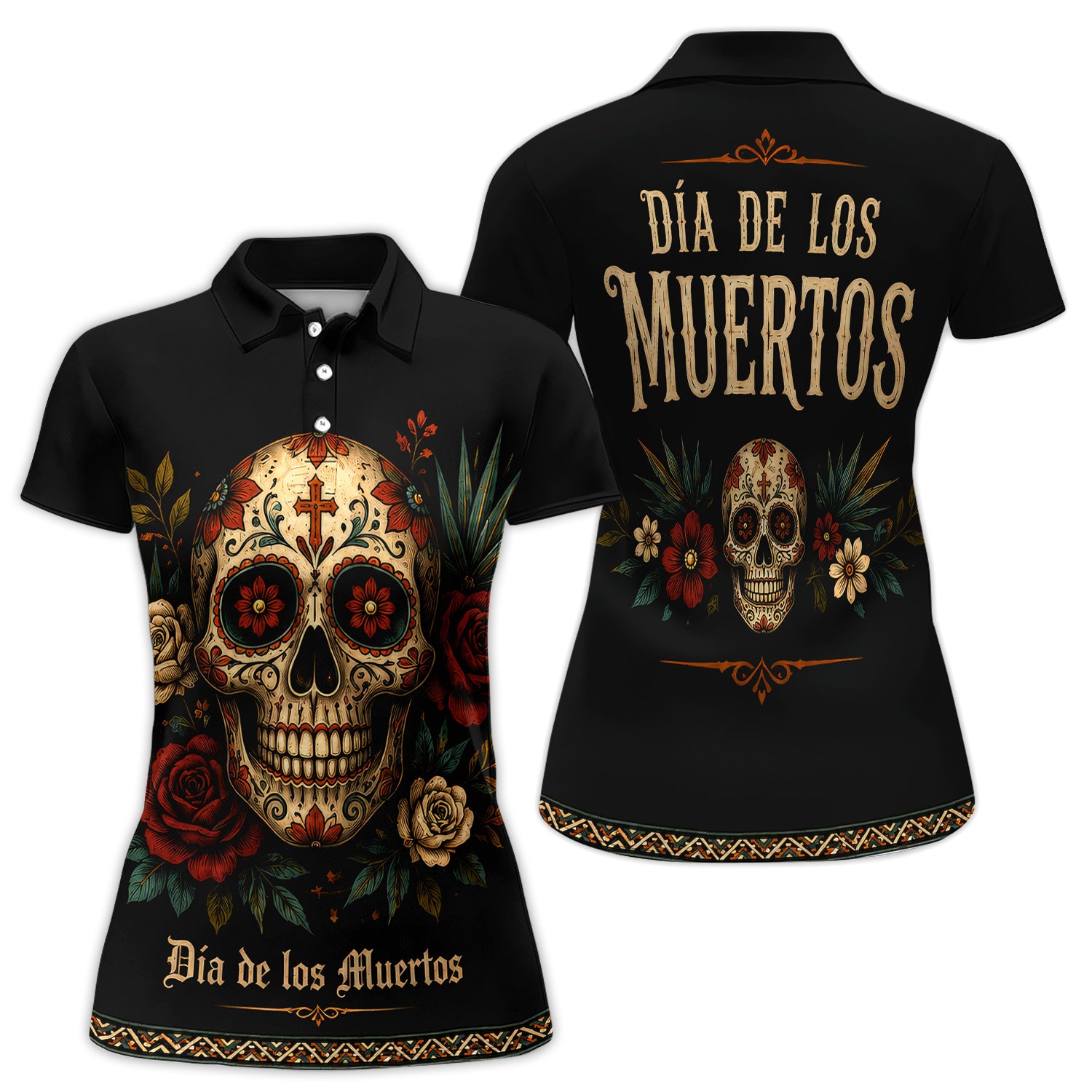 Día de los Muertos Sugar Skull Polo Shirt for Women – Mexican Calavera Floral Day of the Dead Party Polo
