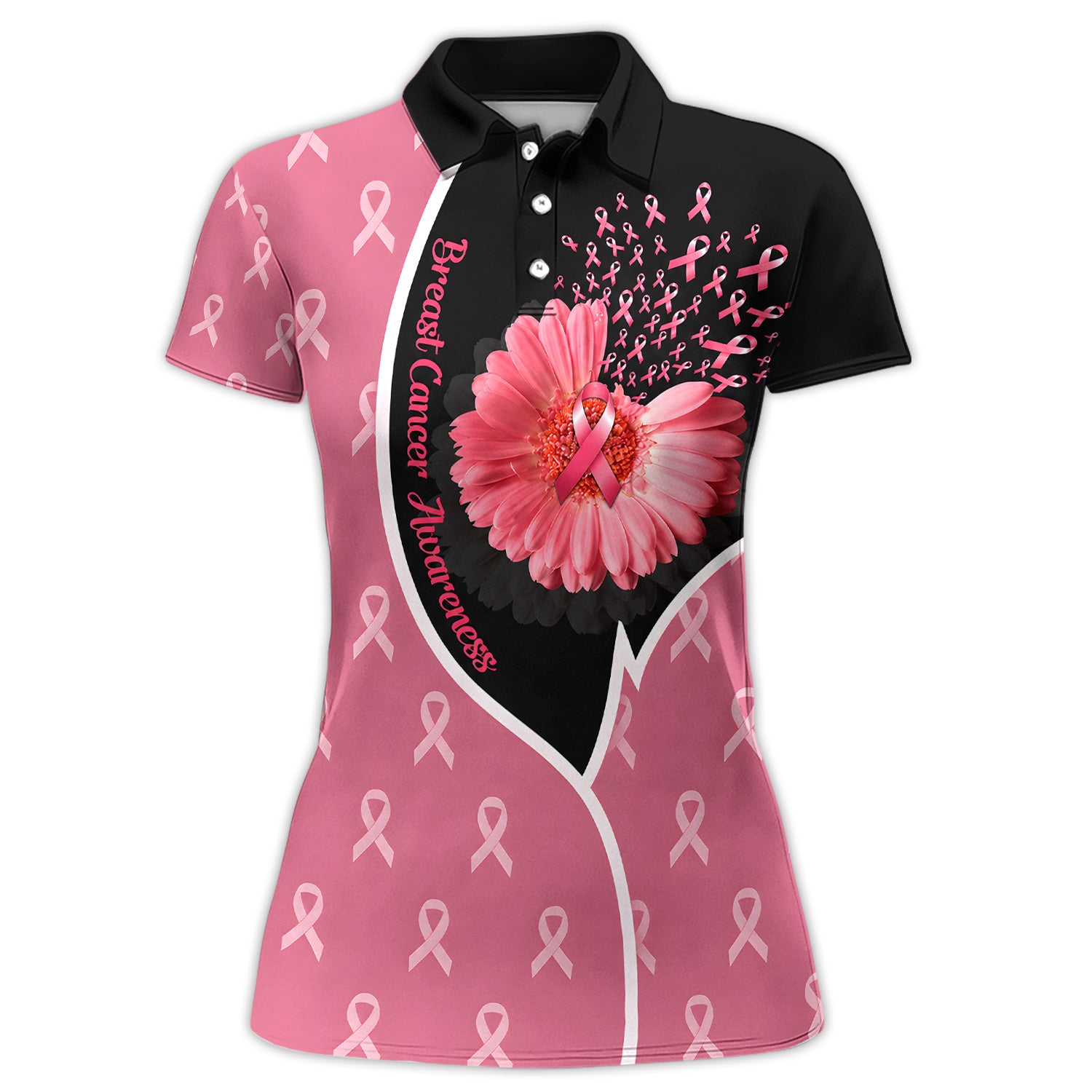 Breast Cancer Awareness Floral Polo Shirt for Women – Pink Ribbon Support Polo