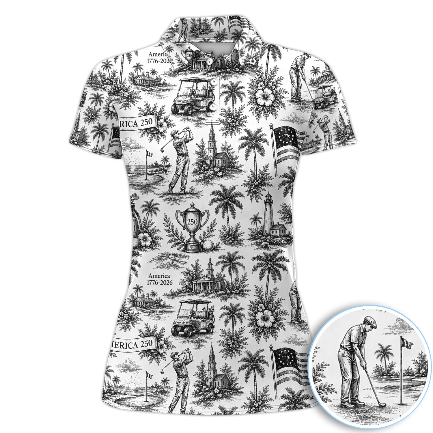 Vintage America 250 Toile Golf Pattern Shirt, America 250 Golf Shirt For Women, Patriotic Golf Gift