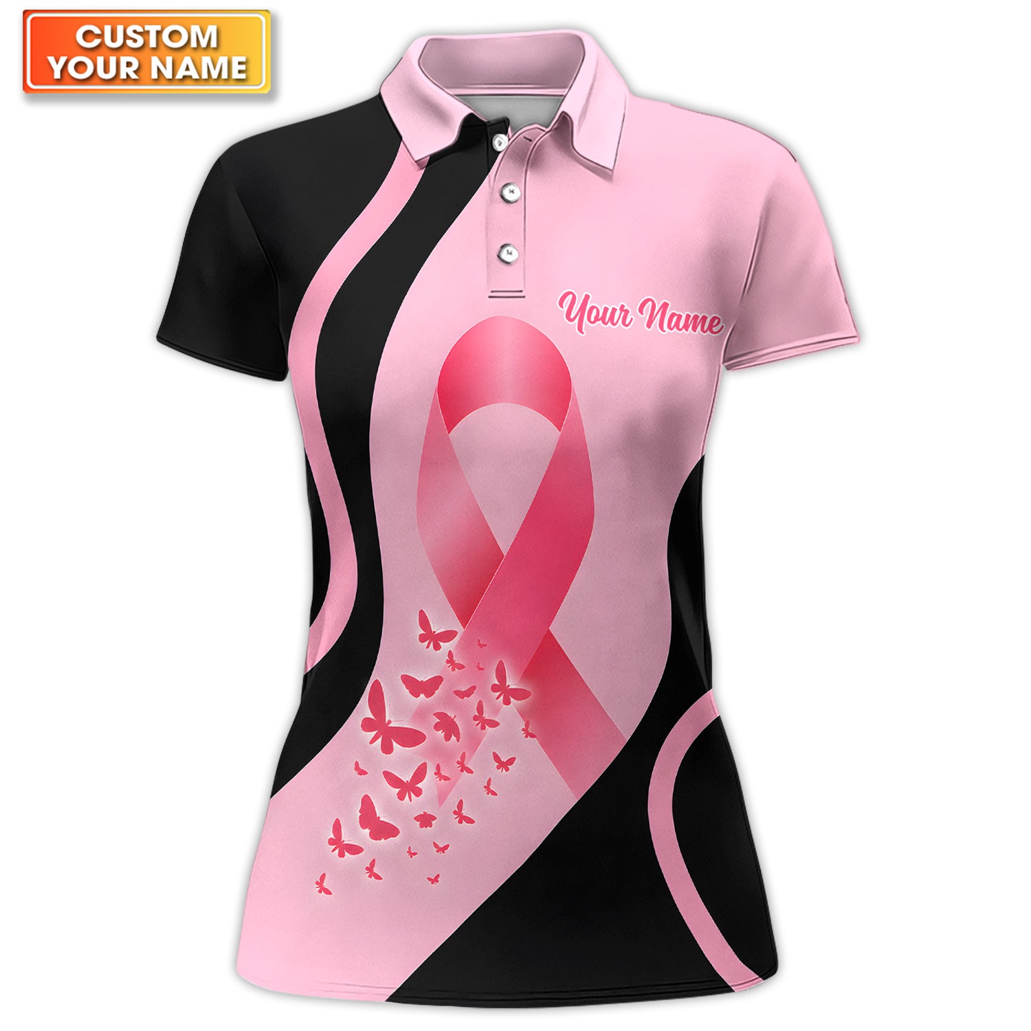 Pink Ribbon Butterfly Custom Name Polo for Women - Breast Cancer Awareness Polo Shirt