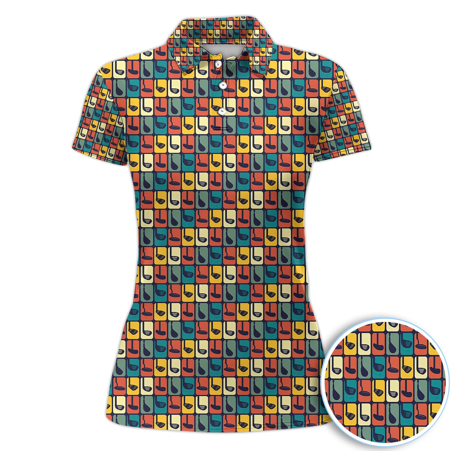 Colorful Golf Club Geometric Pattern Polo Shirt, Retro Golf Equipment Golf Shirt For Women, Golfer Gift