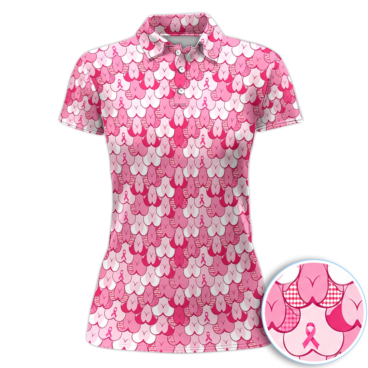 Pink Ribbon Support Polo for Women - Breast Cancer Awareness Heart Pattern Polo Shirt