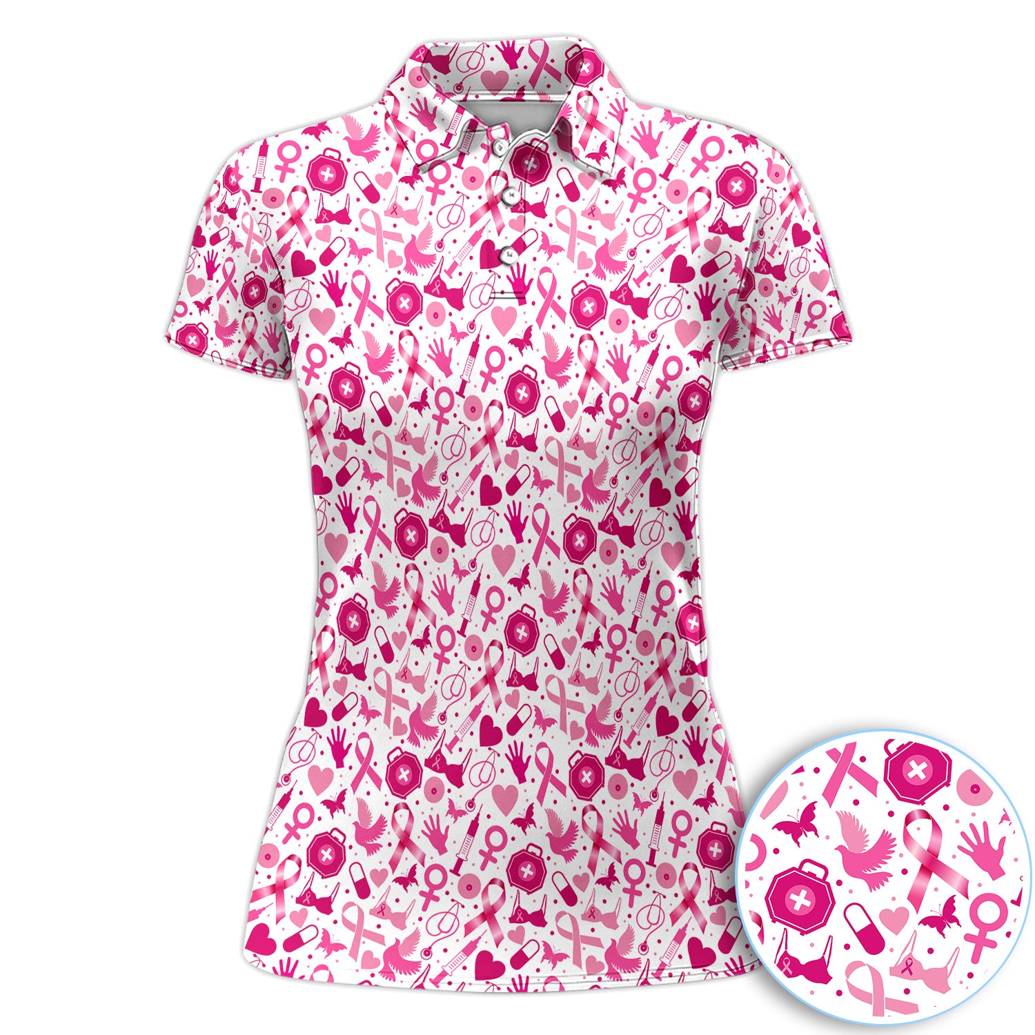 Breast Cancer Awareness Polo Shirt for Women – Pink Ribbon Medical Support Shirt