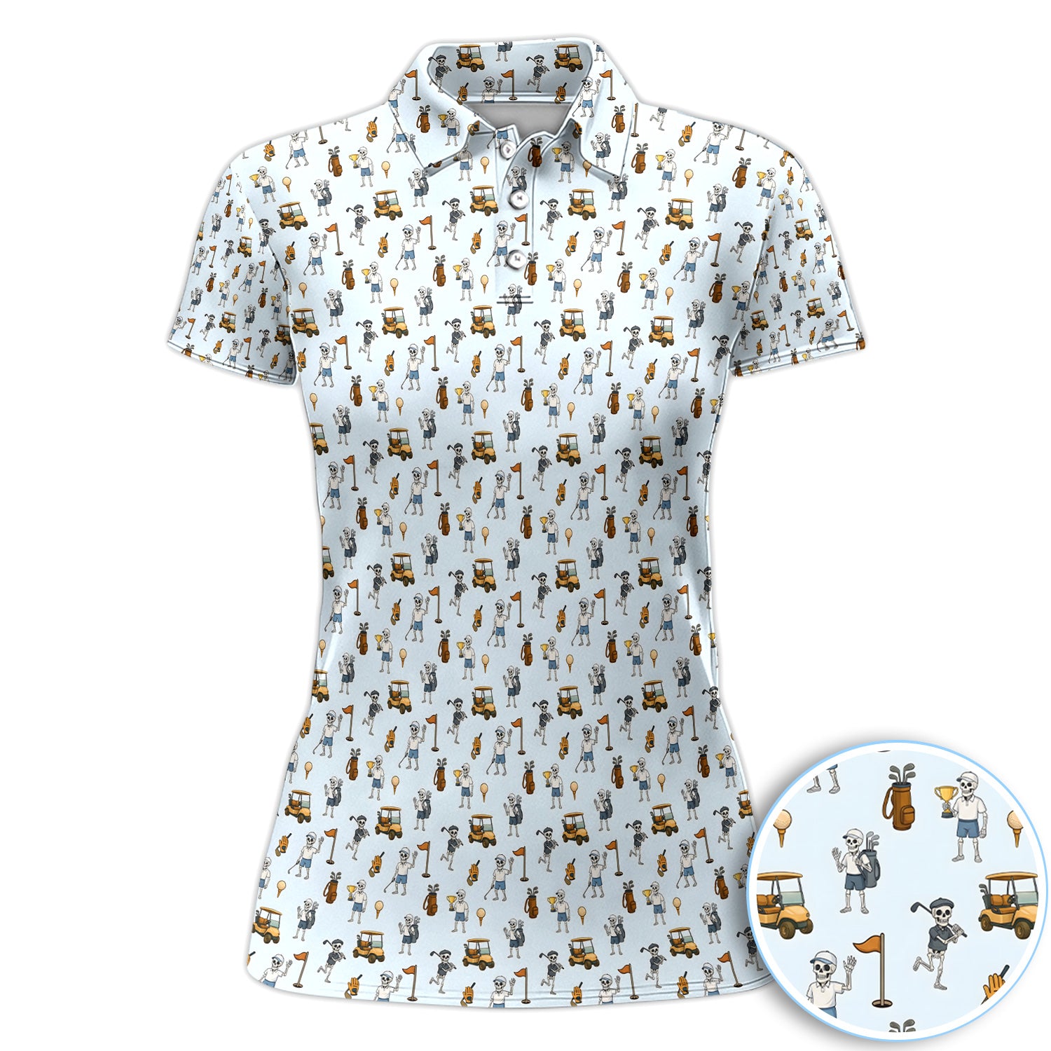 Skeleton Golf Party Polo Shirt for Men – Funny Dancing Golfer and Golf Cart Pattern Shirt