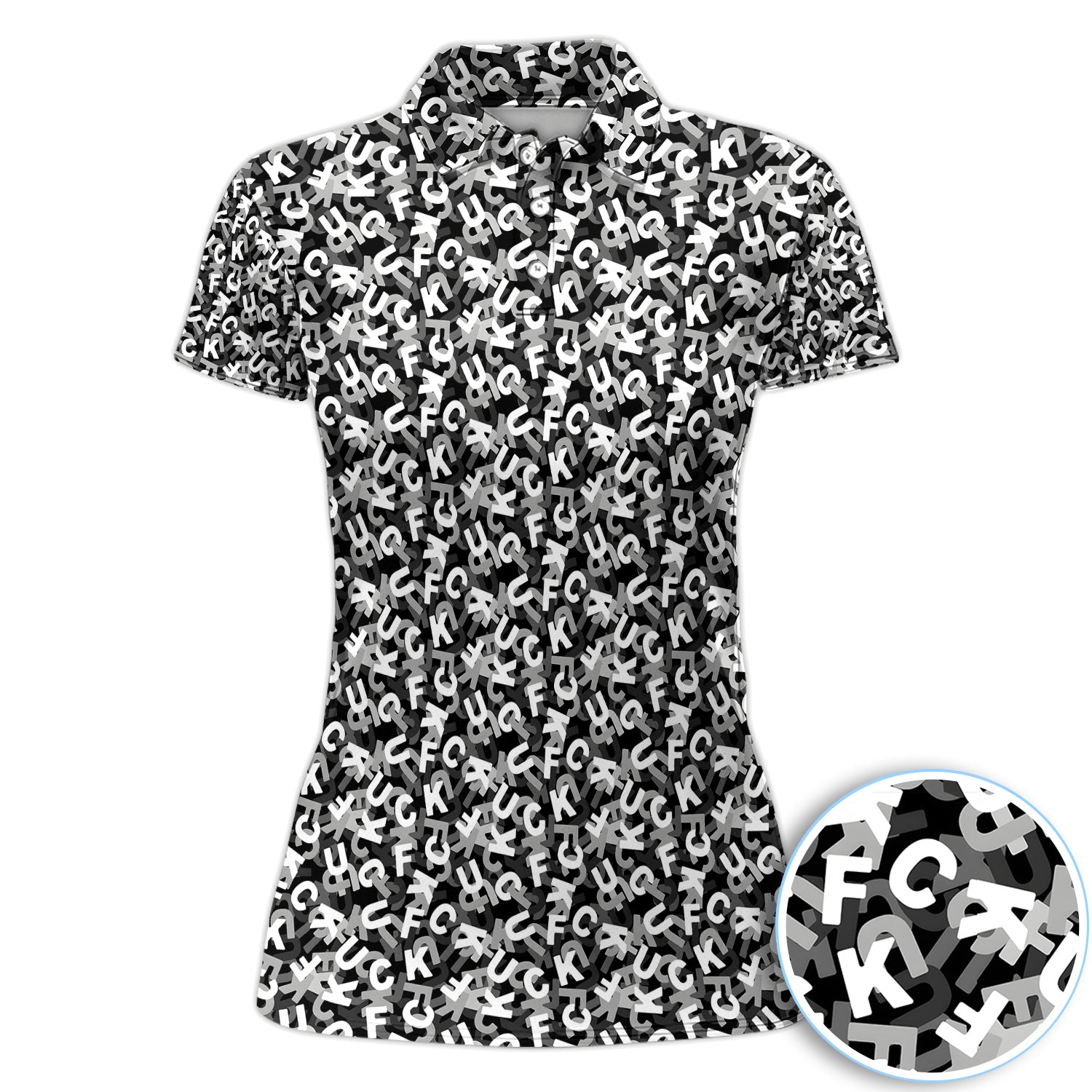 Funny F-Bomb Pattern Polo Shirt for Women– Black and White Profanity Party Polo