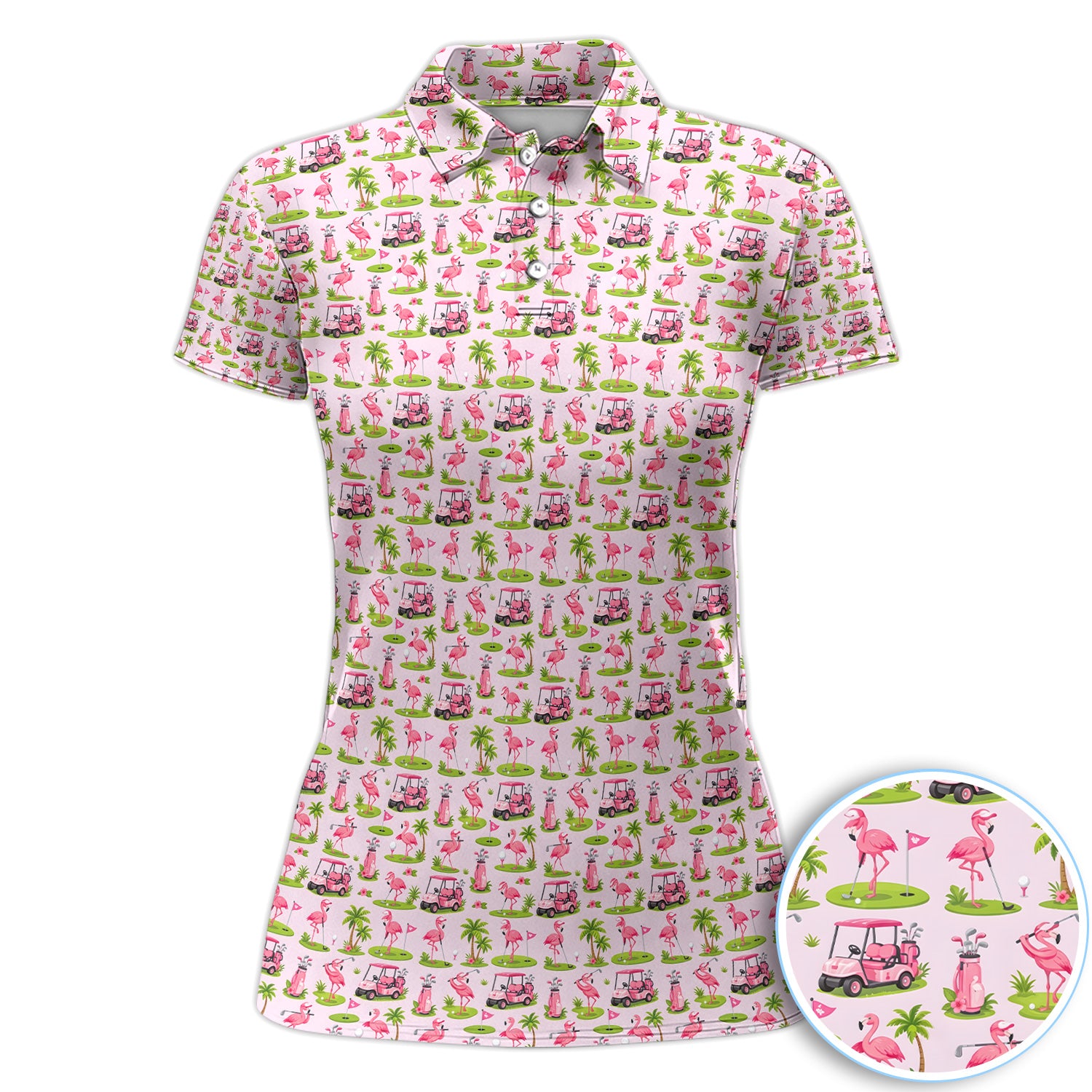 Pink Flamingo Golf Polo Shirt for Women – Tropical Flamingo Golf Cart Pattern Shirt