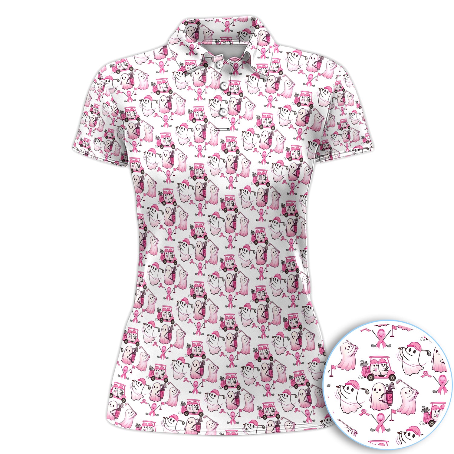 Breast Cancer Awareness Ghost Golf Polo Shirt for Women – Pink Ribbon Spooky Golfer Pattern Polo