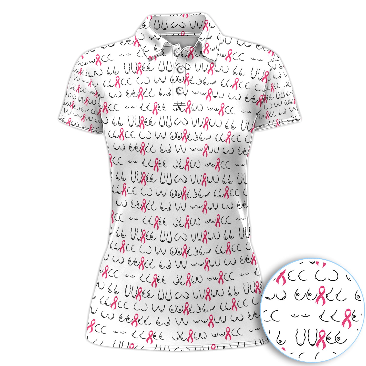 Breast Cancer Awareness Boob Pattern Polo Shirt for Women – Pink Ribbon Body Polo