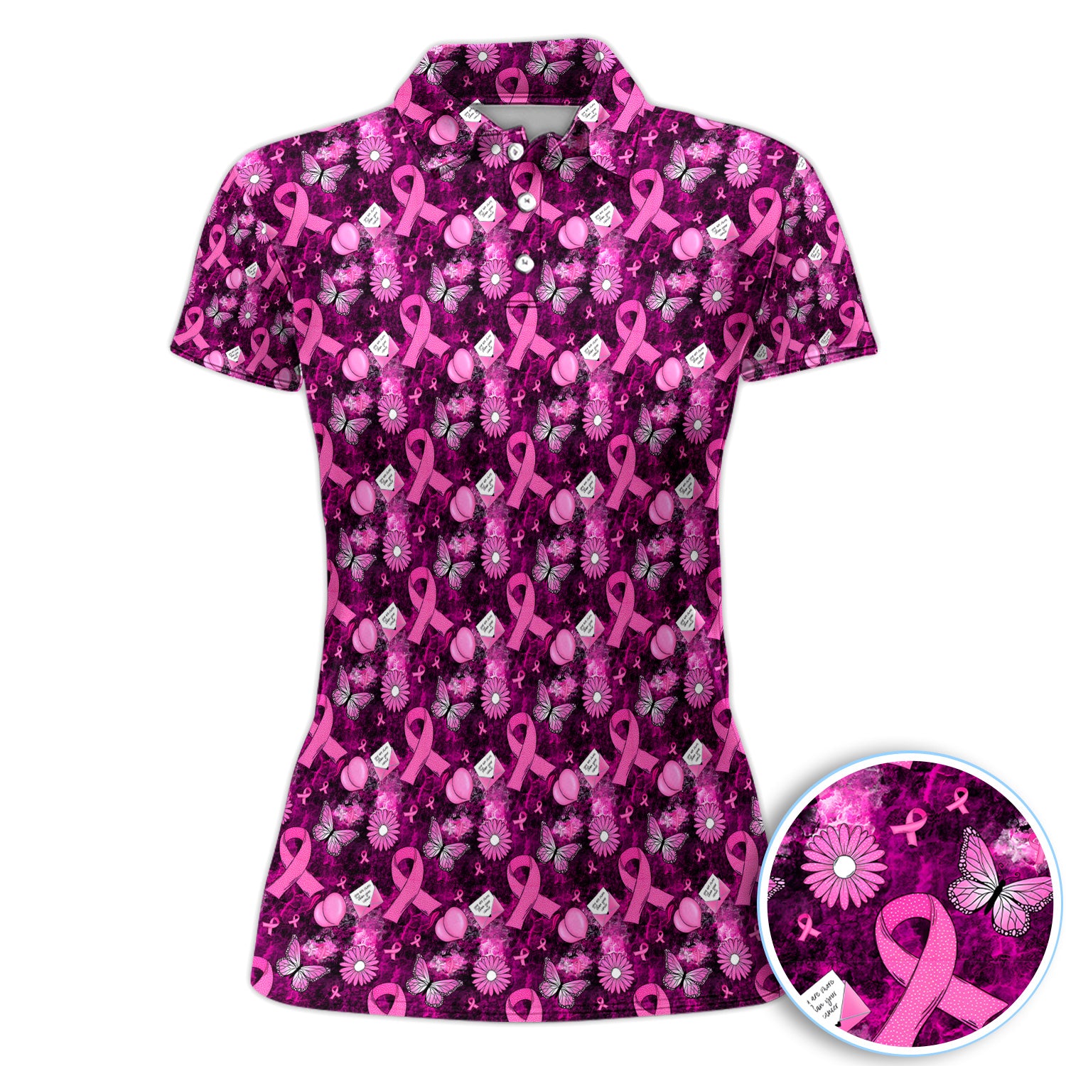 Pink Ribbon Butterfly Floral Support Shirt - Breast Cancer Awareness Polo Shirt for Women
