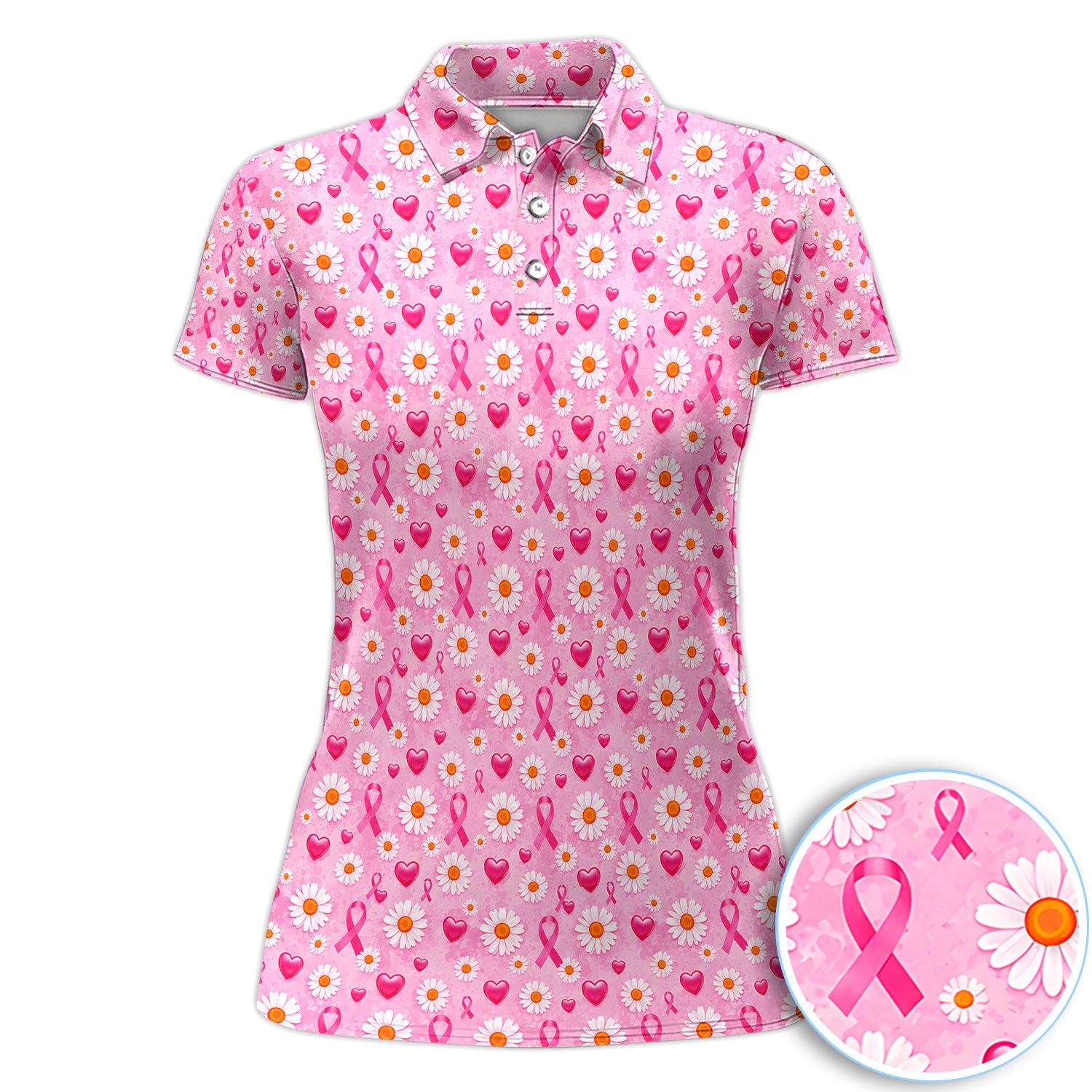 Pink Ribbon Daisy Heart Pattern Polo - Breast Cancer Awareness Polo Shirt for Women