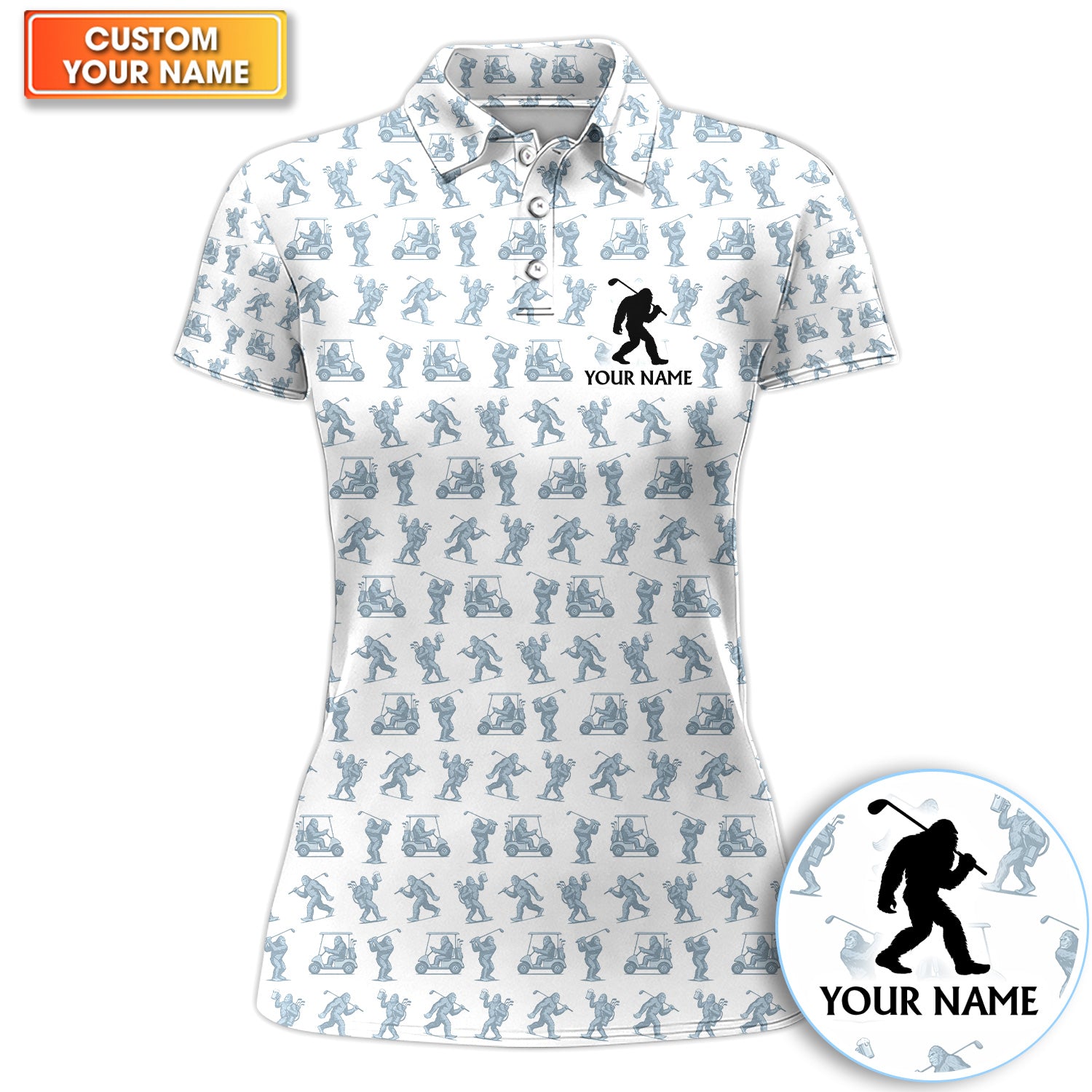 Personalized Bigfoot Golf Cart Pattern Polo Shirt, Funny Golf Shirt For Women, Golf Gift For Golfer