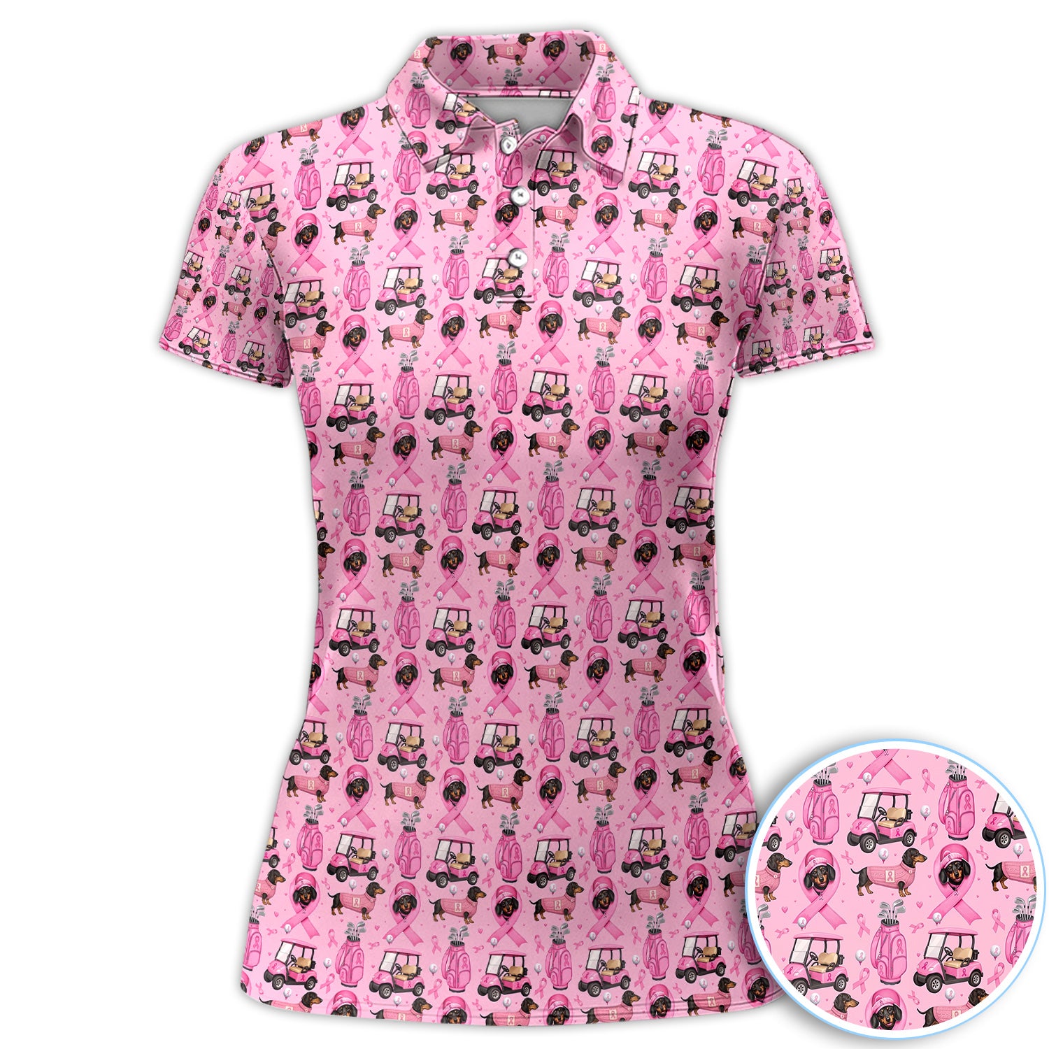 Pink Ribbon Wiener Dog Golfer Polo for Women - Breast Cancer Awareness Dachshund Golf Polo Shirt