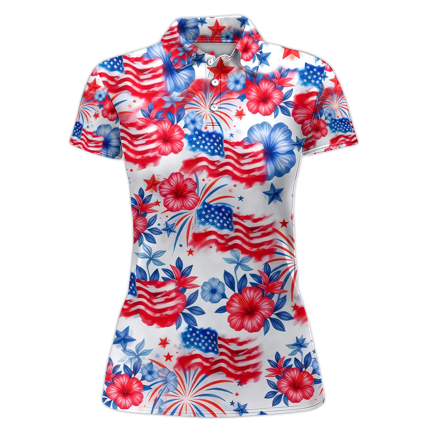 Patriotic Floral USA Flag Pattern Shirt, American Flag Fireworks Golf Polo Shirt For Women, 4th Of July Golf Gift
