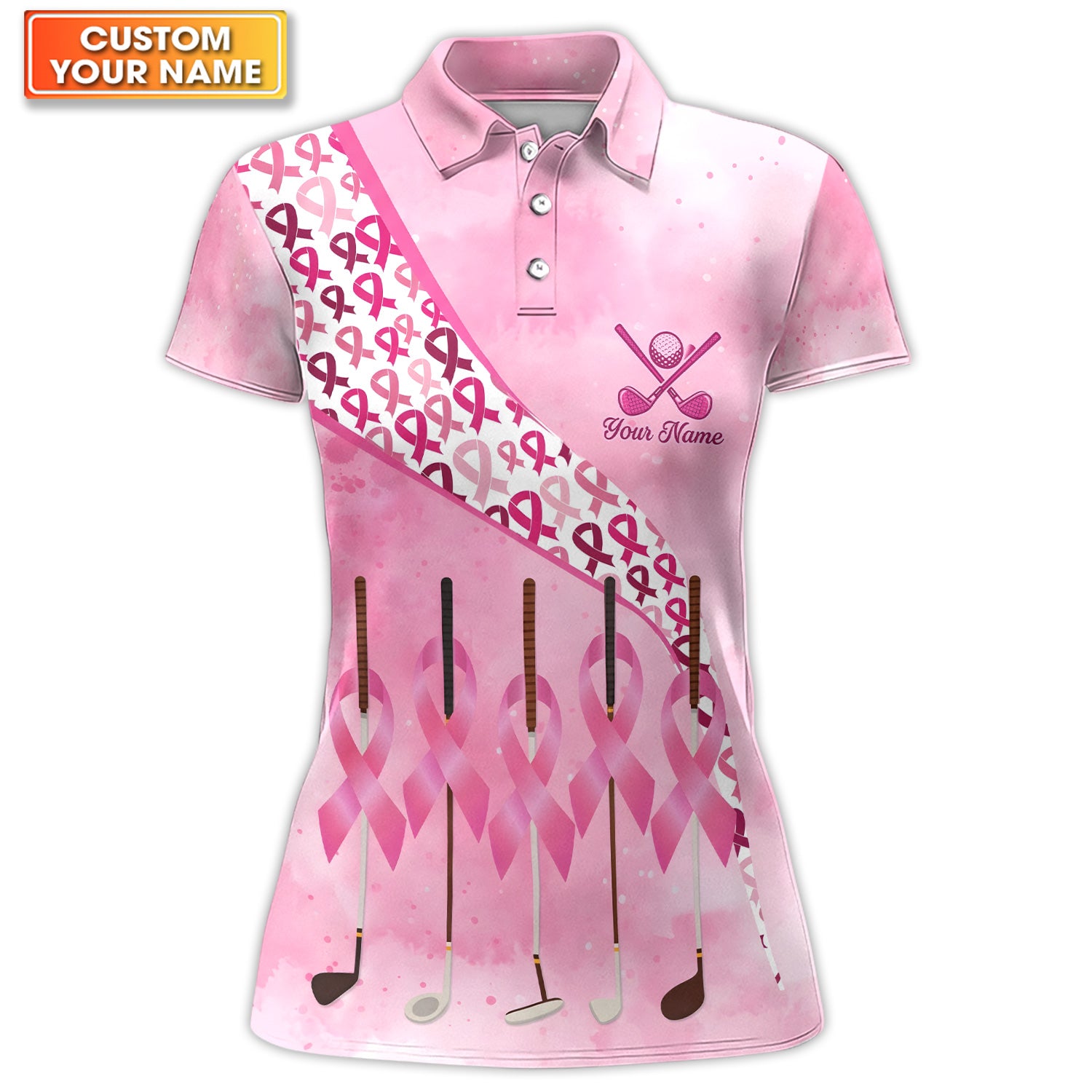 Personalized Breast Cancer Awareness Golf Polo Shirt for Women – Pink Ribbon Custom Name Golfer Polo