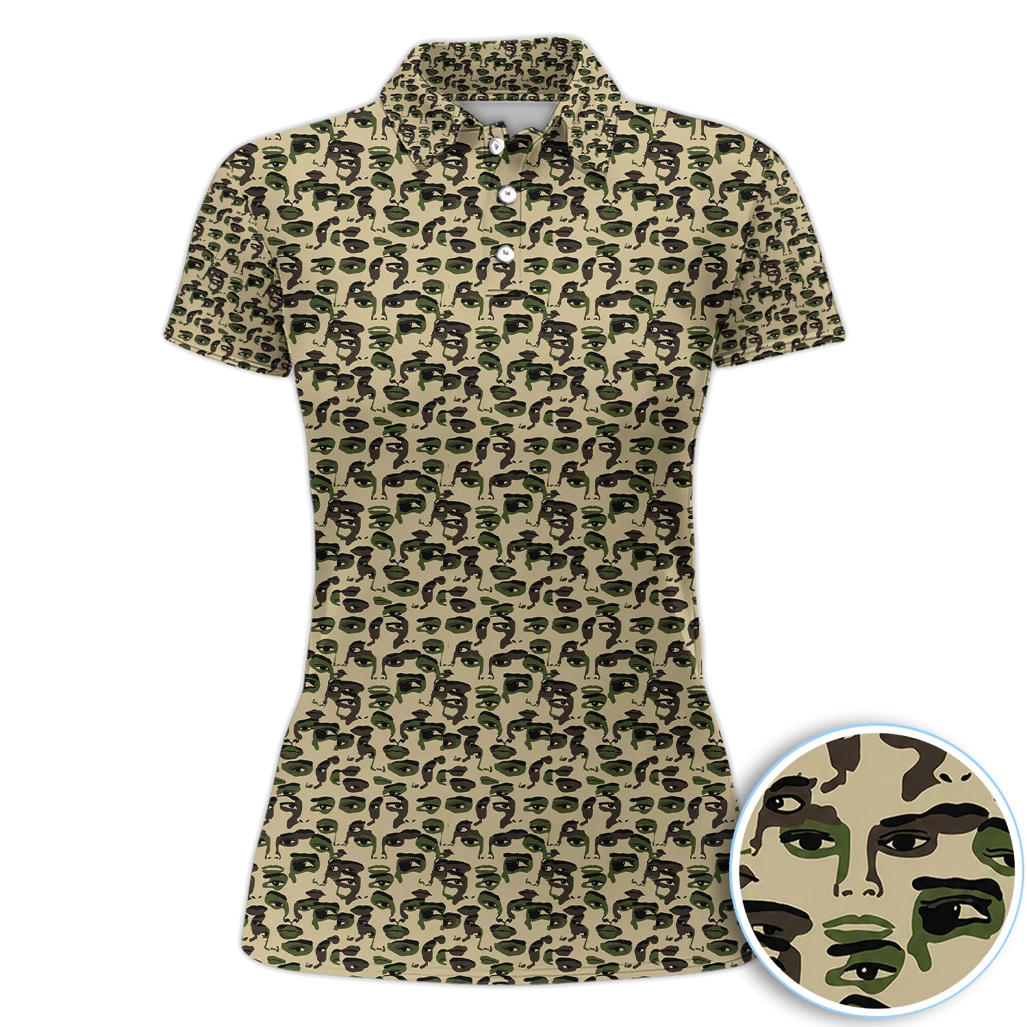 Abstract Face Camouflage Pattern Golf Shirt, Artistic Camo Face Golf Shirt For Women, Unique Golf Gift