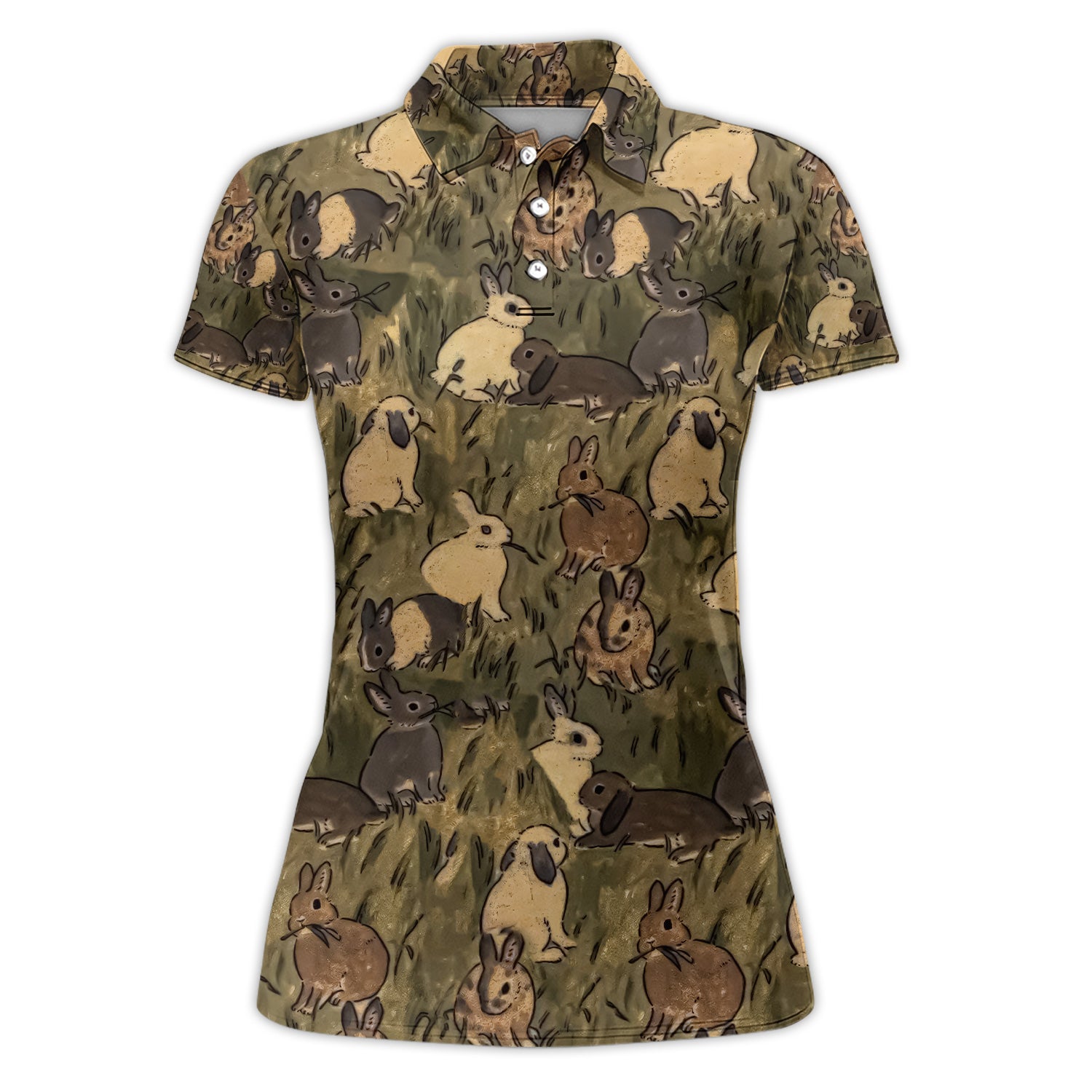 Cute Bunny Rabbit Women Polo Shirt, Woodland Rabbit Nature Pattern Shirt, Bunny Lover Gift