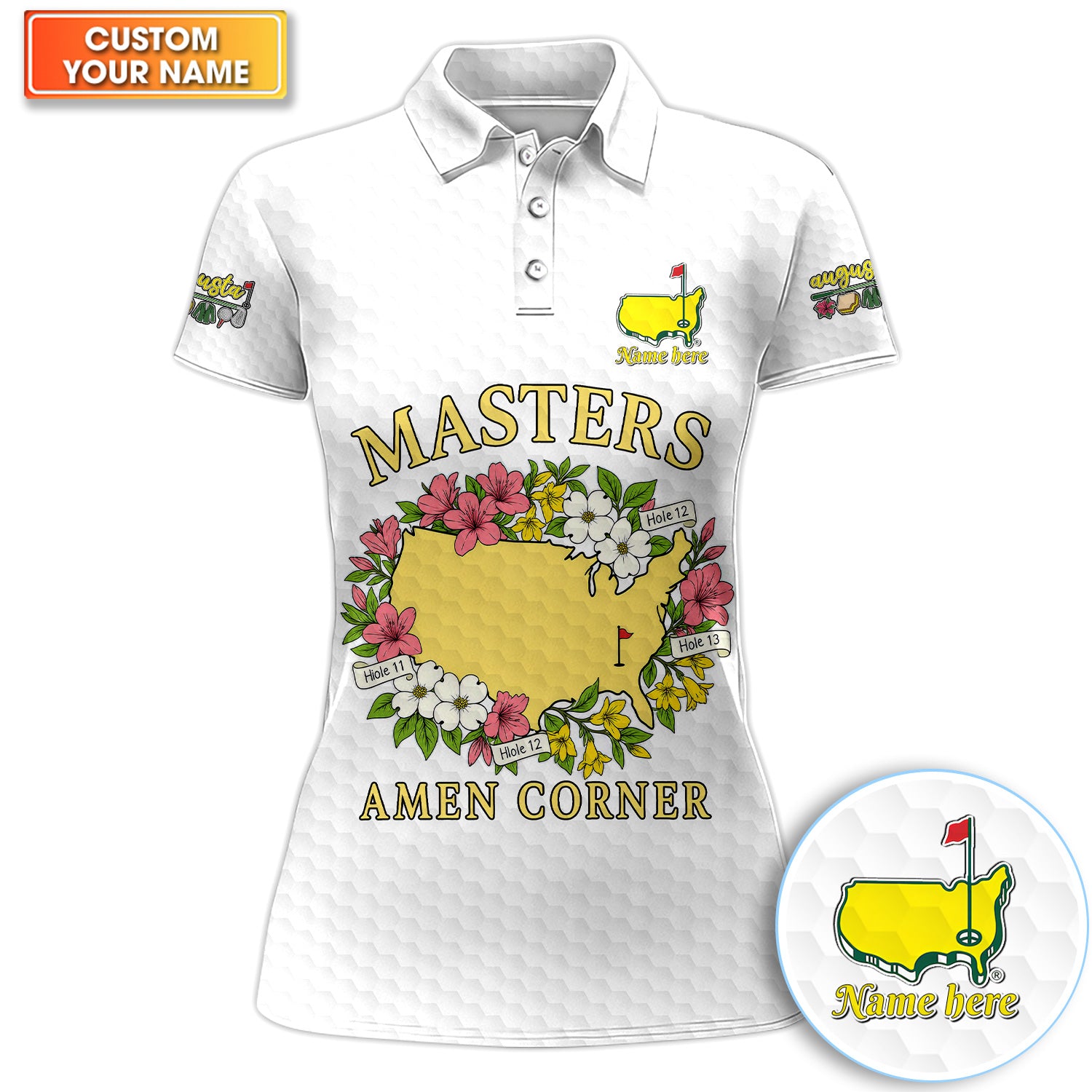 Masters Amen Corner Custom Name Polo Shirt, Augusta Golf Floral Map Design, Personalized Golf Lover Gift For Women