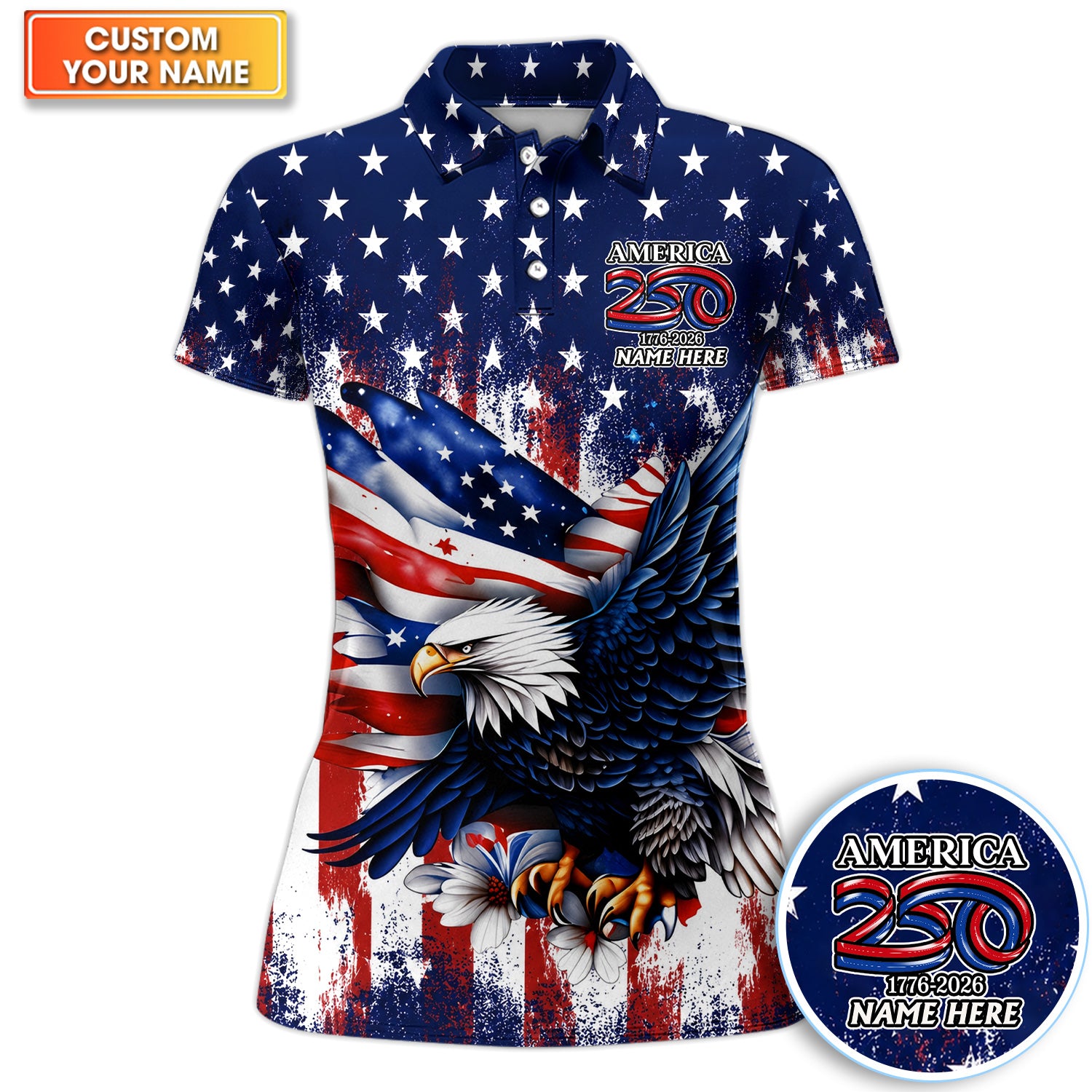 Personalized Patriotic Eagle Golf Pattern Shirt, America 250 Eagle Golf Shirt For Women, 4th Of July Gift