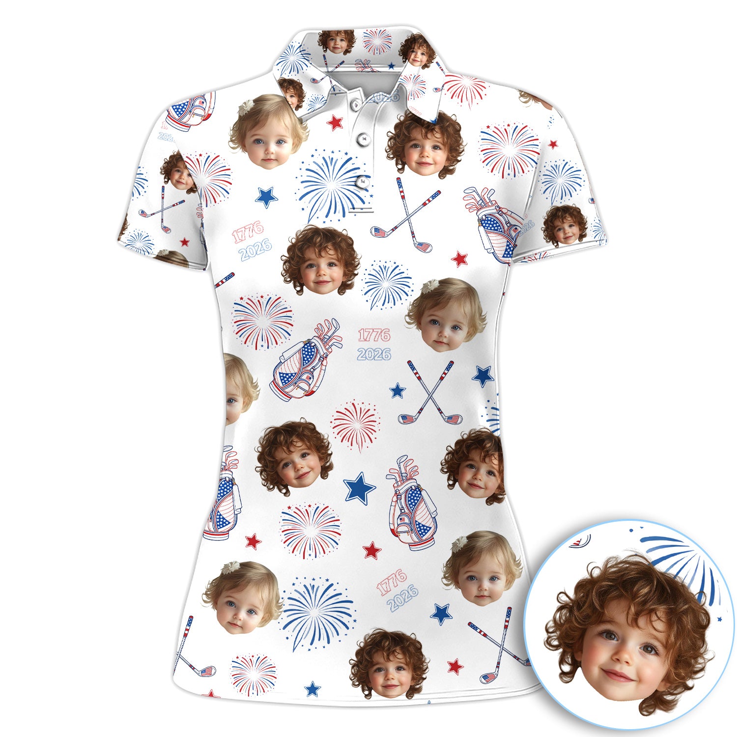 Custom Face Patriotic Golf Polo Shirt, 1776–2026 Fireworks USA Theme, Personalized Photo All Over Print Gift For Women