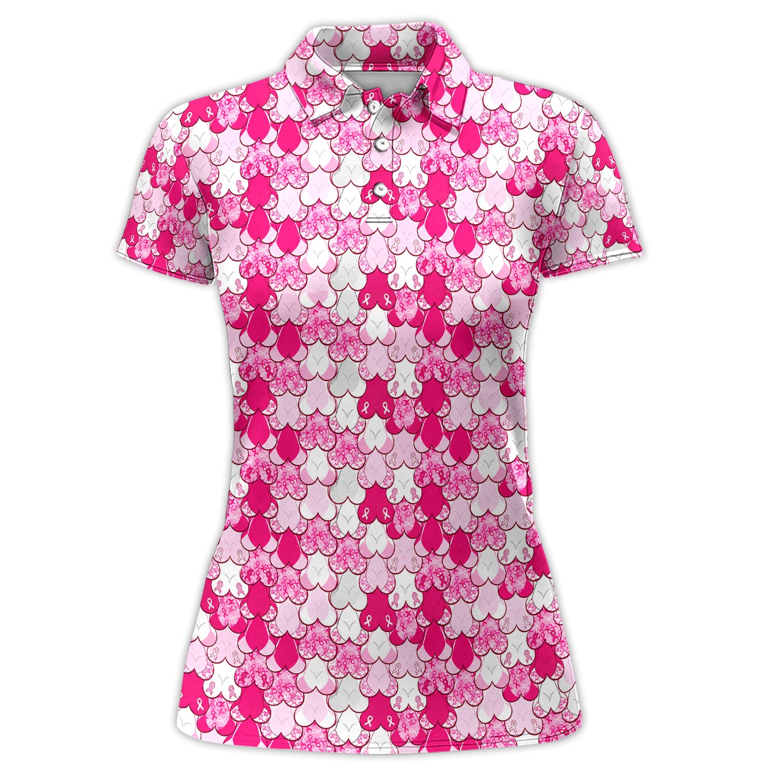 Breast Cancer Awareness Heart Polo Shirt for Women – Pink Ribbon Layered Hope Pattern Polo