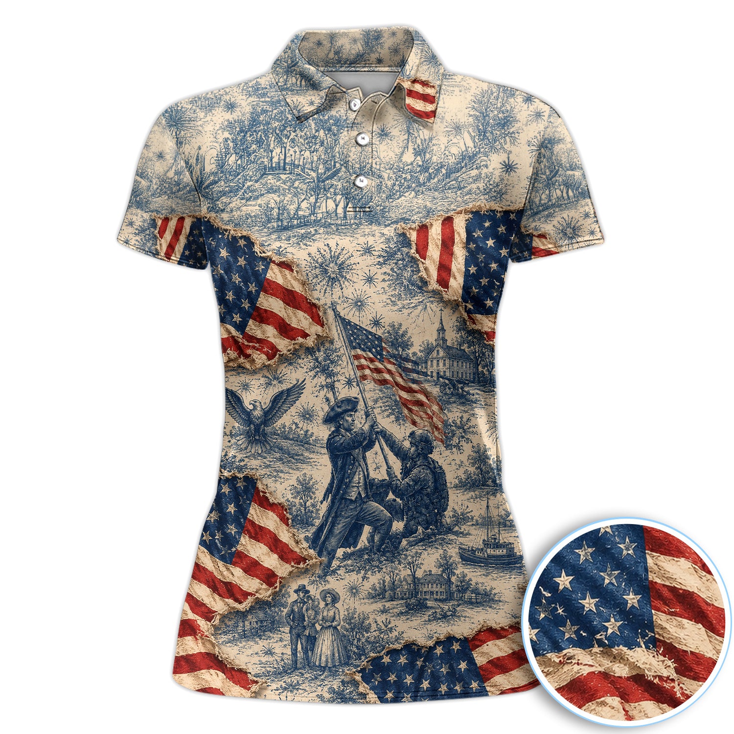 Vintage Patriotic Colonial Golf Pattern Shirt, American Flag Golf Shirt For Women, 4th Of July Gift