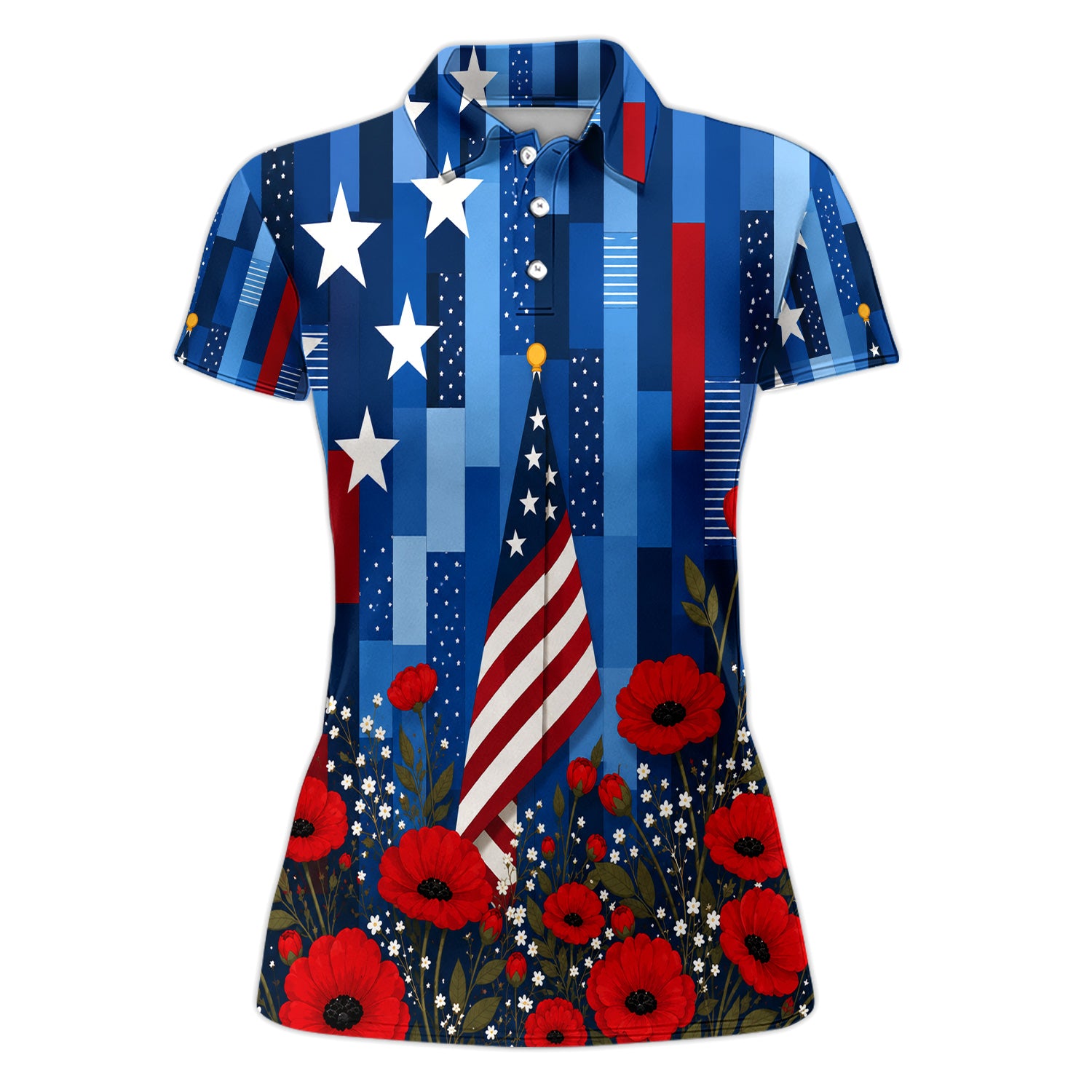 Bold American Flag Poppy Flower 4th July Pattern Shirt For Women, Patriotic Floral USA Flag Shirt For Women, Memorial Day Gift