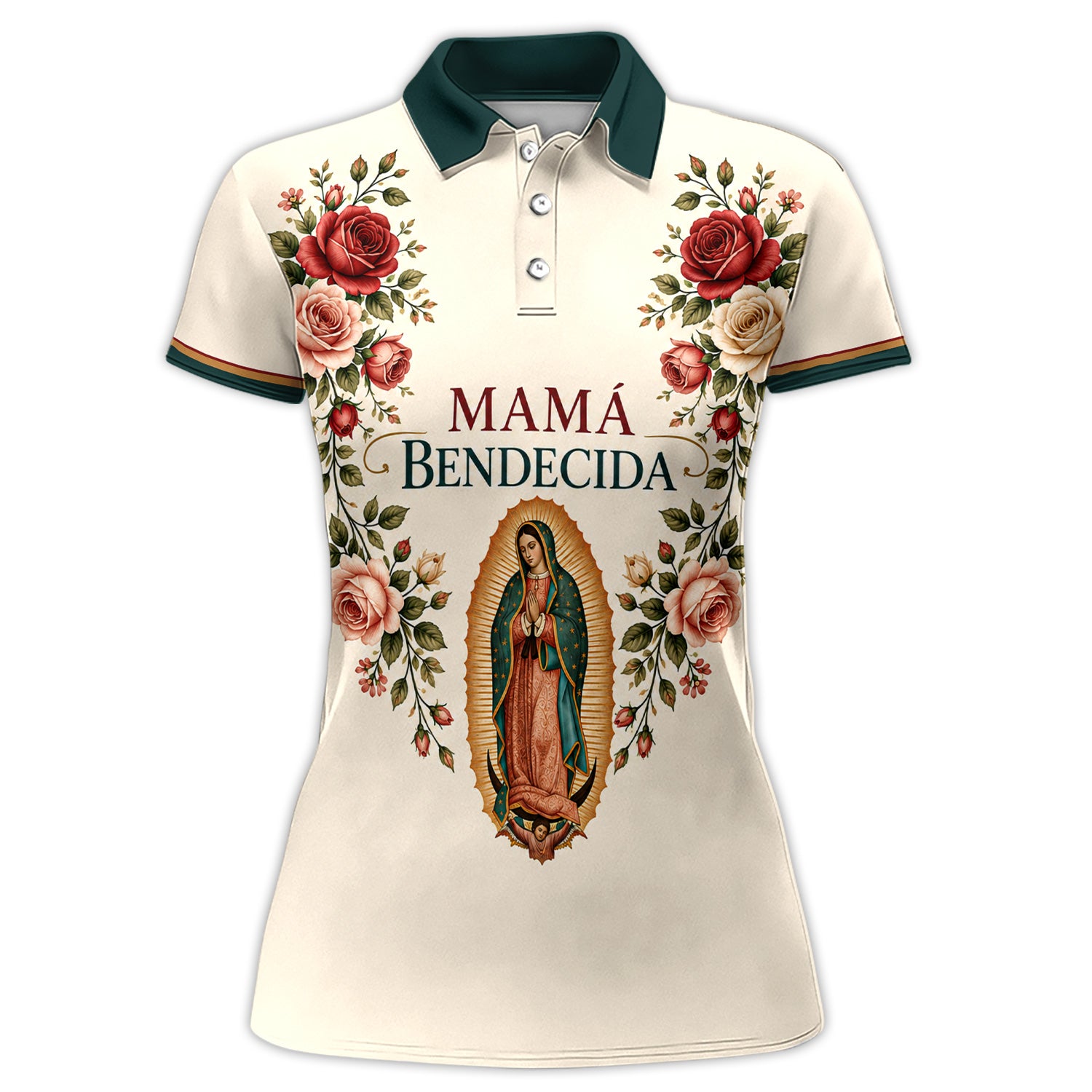 Mamá Bendecida Virgin of Guadalupe Polo Shirt for Women – Catholic Floral Mother’s Day Polo