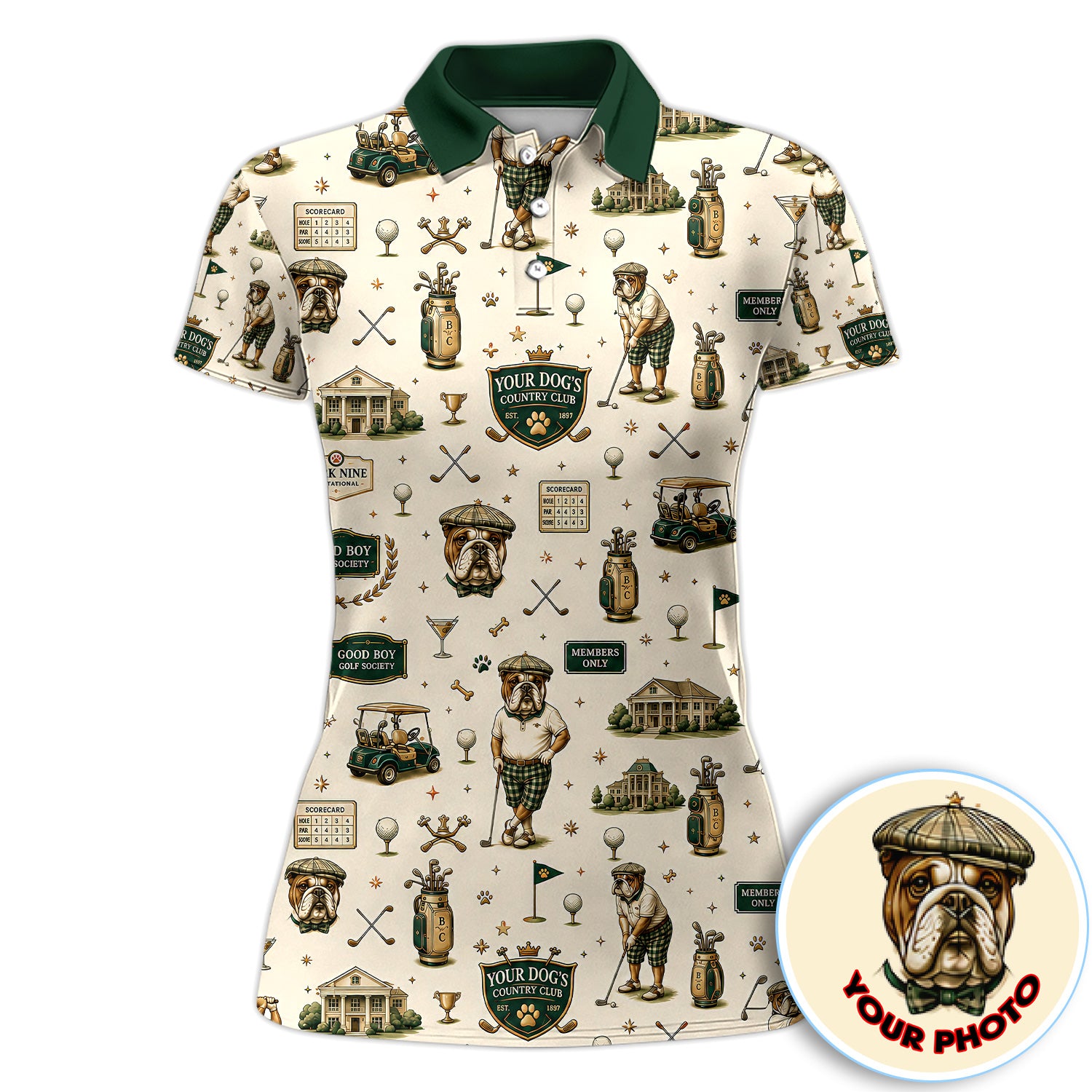 Custom Dog Golf Polo for Women – Personalized Pet Photo Golf Shirt with Country Club Pattern