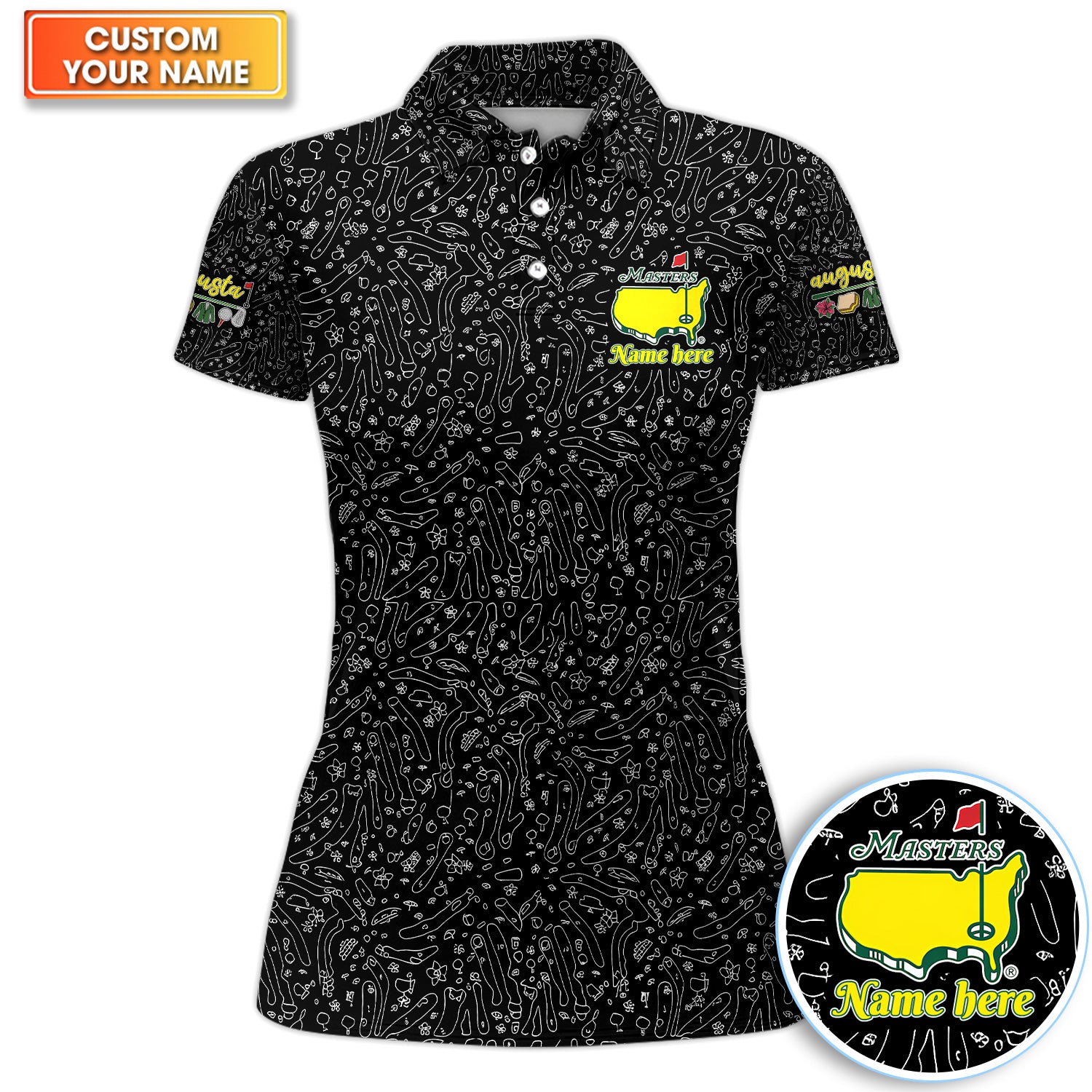 Personalized Black Golf Doodle Pattern Shirt, Custom Name Golf Icon Polo Shirt For Women, Golf Lover Gift