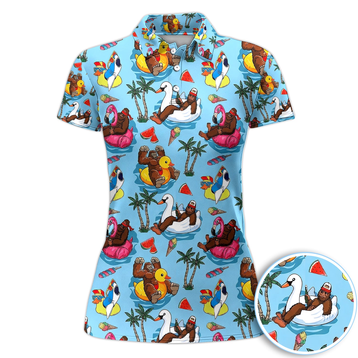 Bigfoot Pool Party Tropical Pattern Golf Shirt, Sasquatch Float Summer Golf Shirt For Women, Golfer Gift