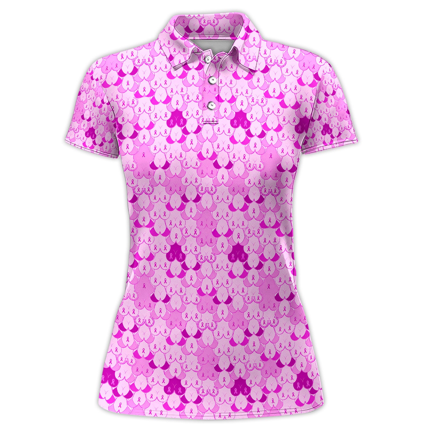Layered Heart Hope Pattern Polo for Women - Breast Cancer Awareness Pink Ribbon Polo Shirt