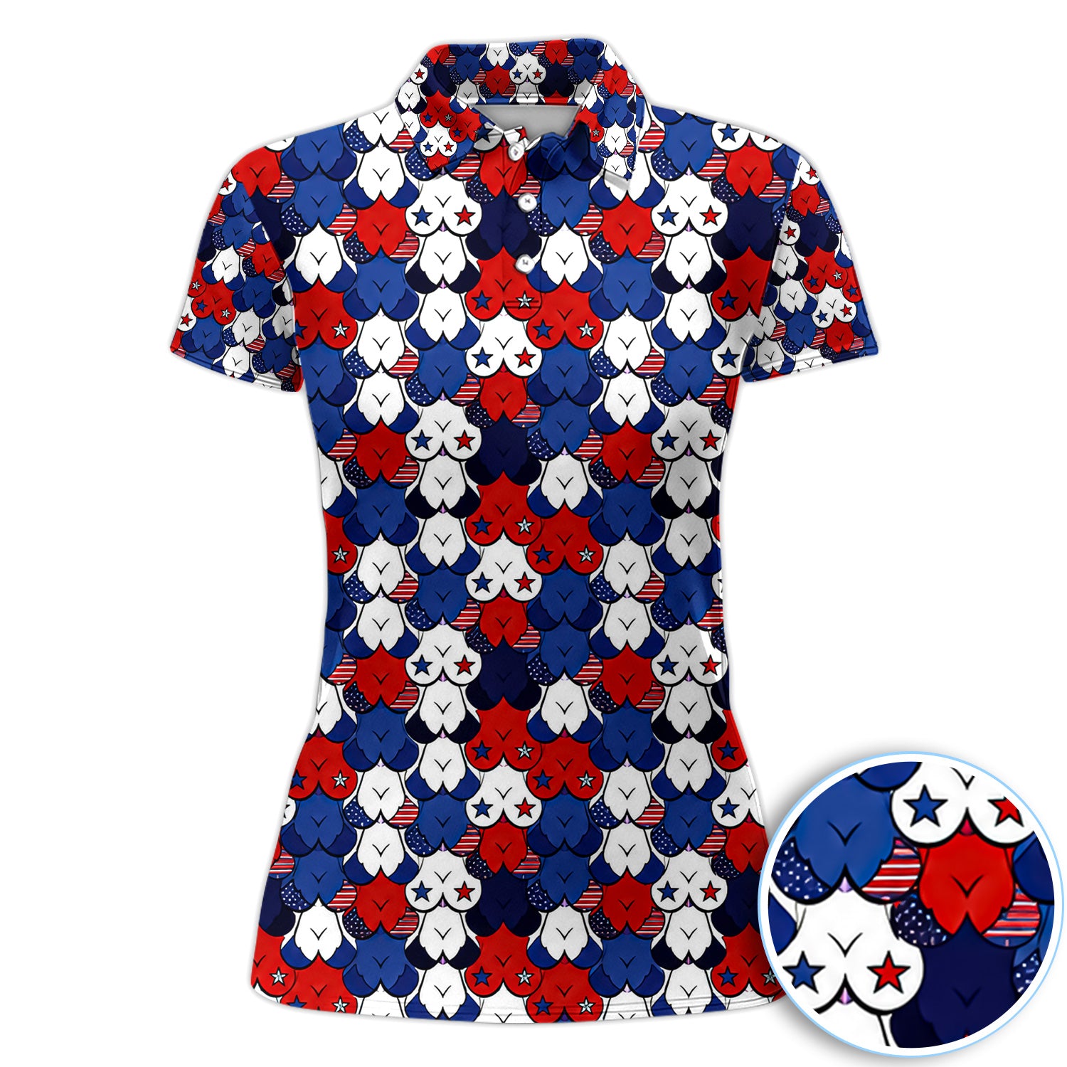 Patriotic Heart Scale Golf Pattern Shirt, Red White Blue Golf Shirt For Women, 4th Of July Gift