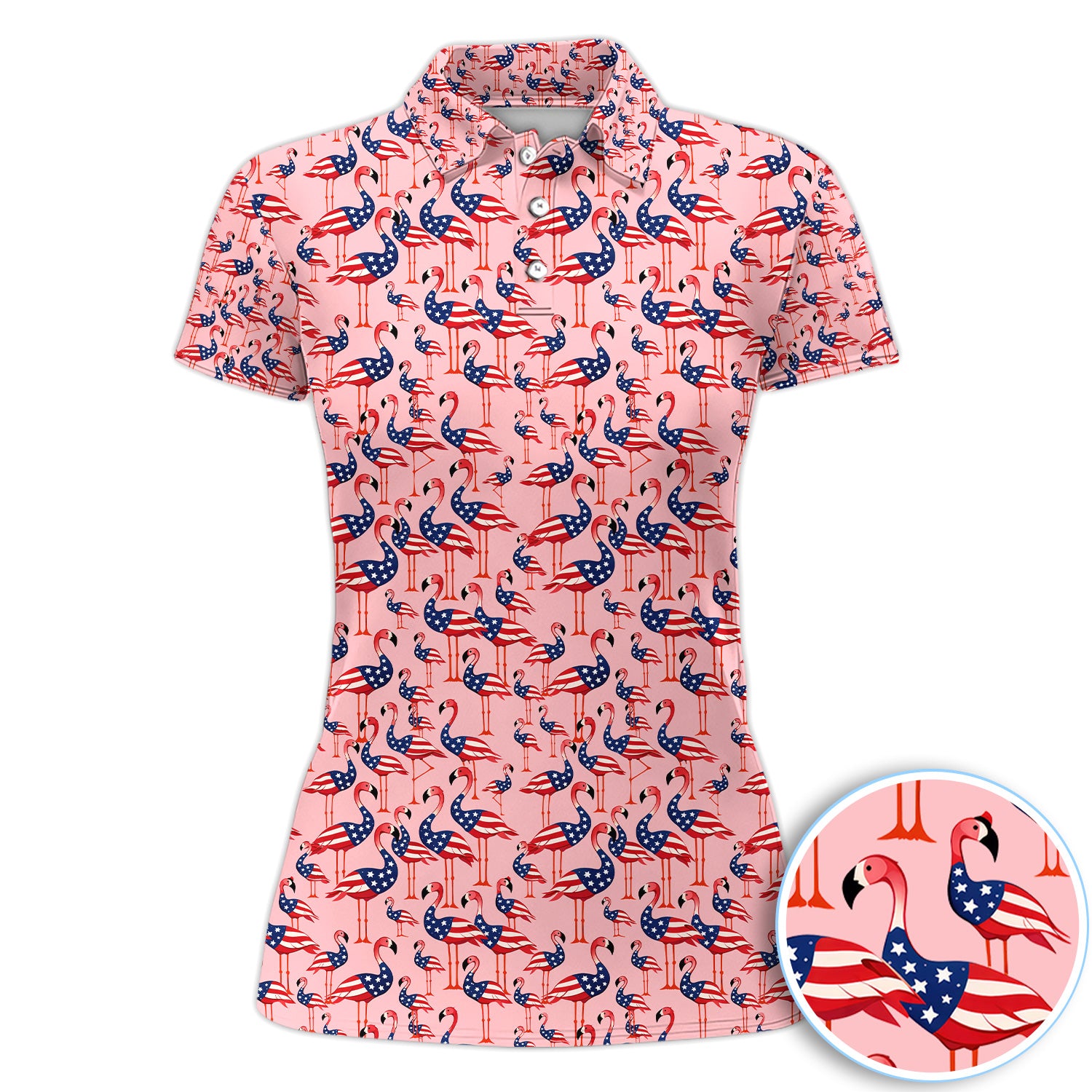 Patriotic Flamingo Polo Shirt For Women, American Flag Flamingo All Over Print, Funny USA Summer Beach Golf Shirt