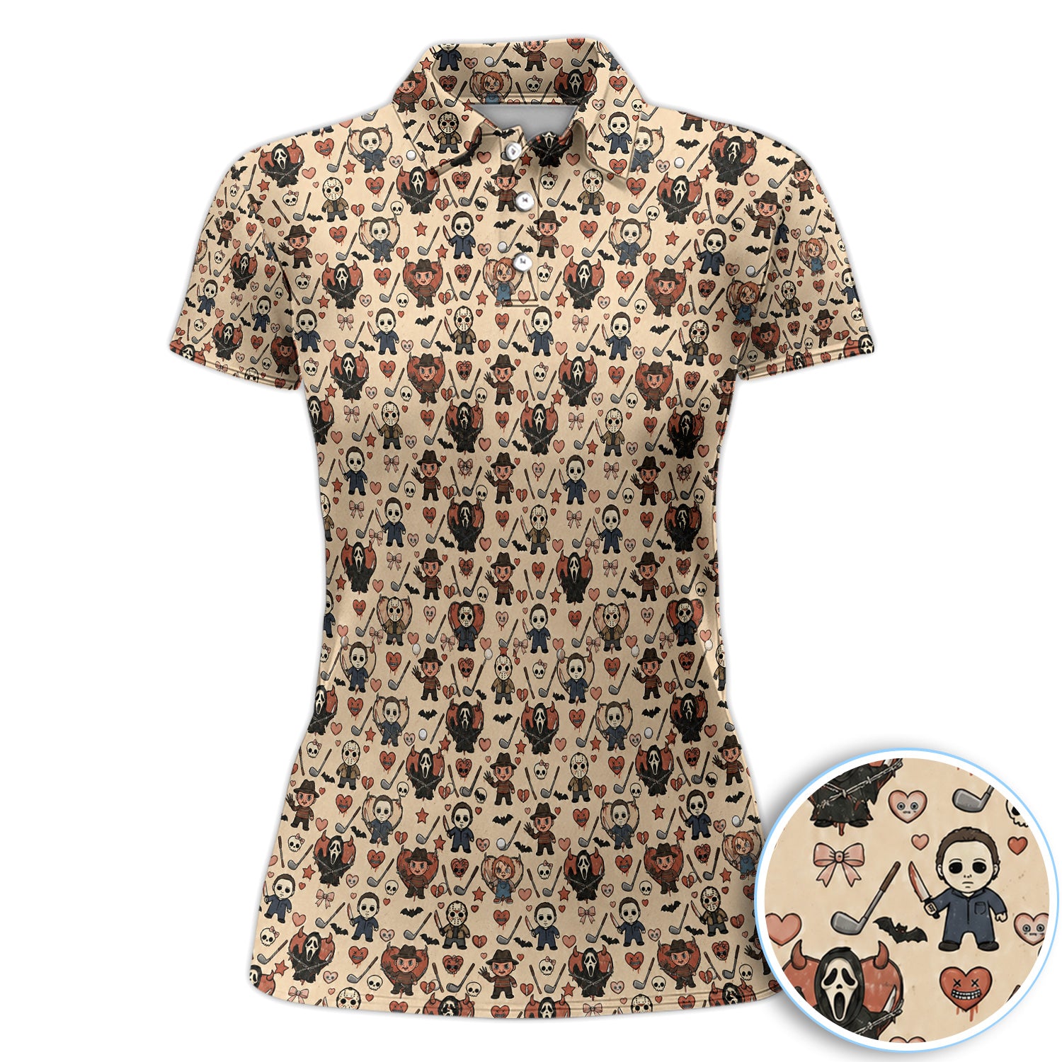 Halloween Horror Golf Polo Shirt for Men – Spooky Masked Monsters Pattern Shirt