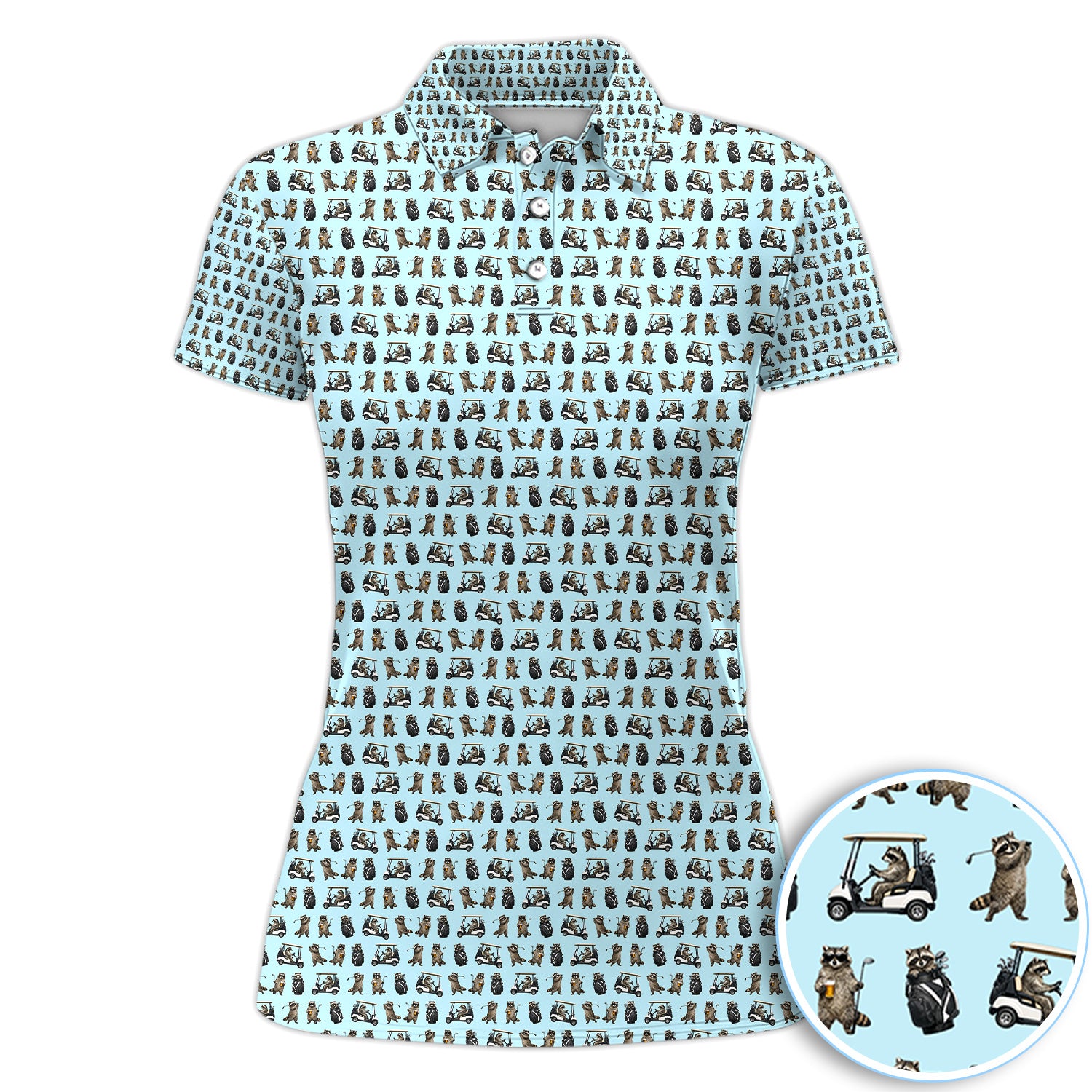 Funny Raccoon Golf Cart Pattern Shirt, Raccoon Golfer Golf Polo Shirt For Women, Animal Golf Lover Gift