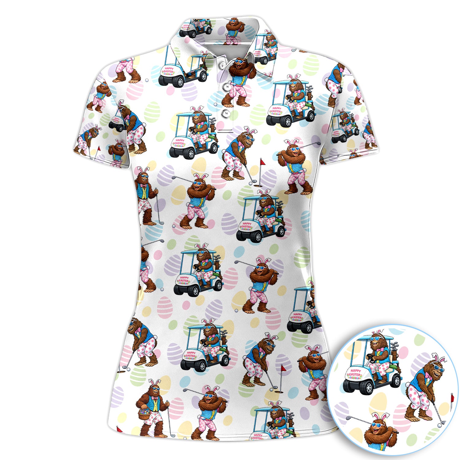 Funny Easter Bigfoot Golf Polo Shirt, Bunny Sasquatch Golfer Shirt, Unique Golf Gift for Women