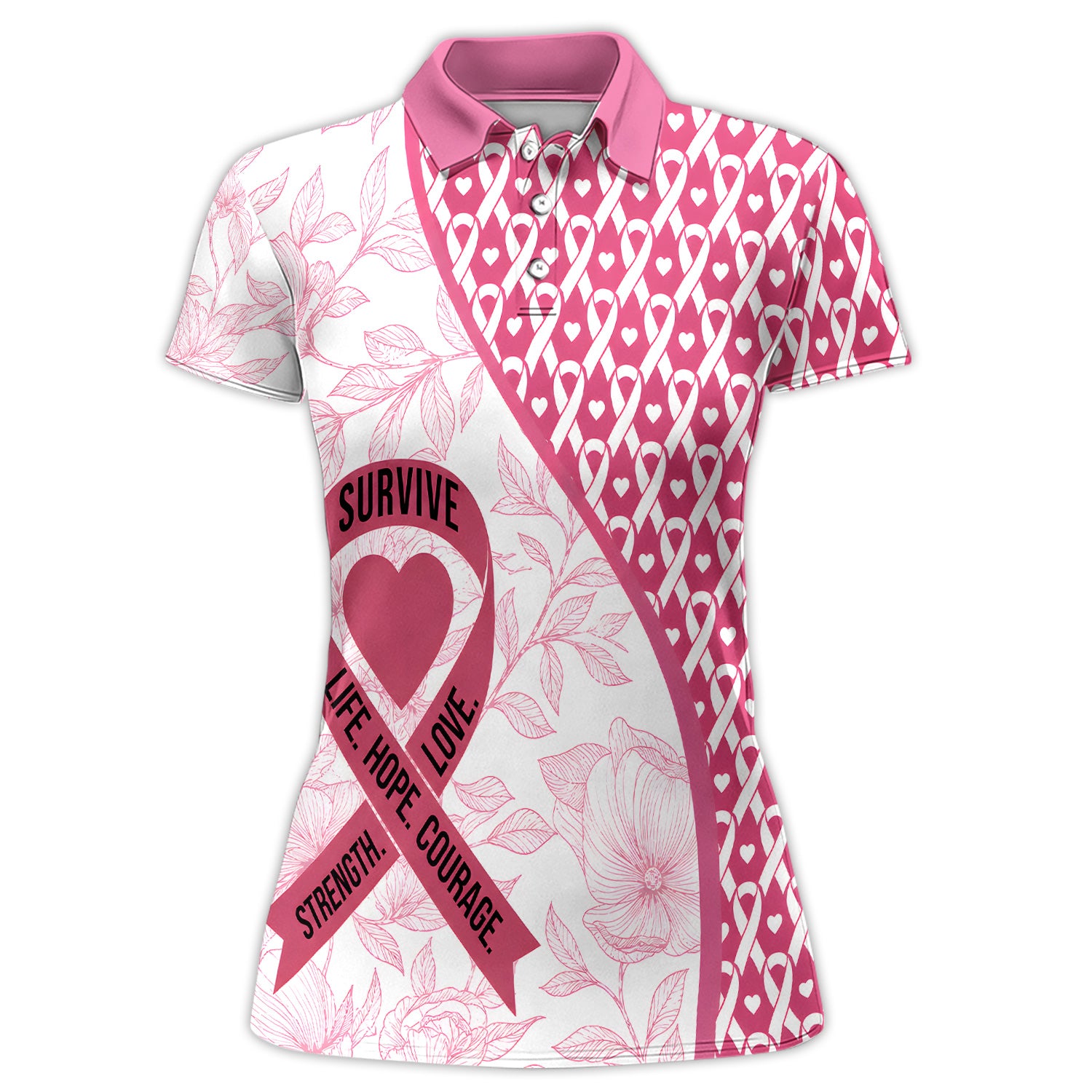 Breast Cancer Survivor Polo Shirt for Women – Strength, Hope, Love & Courage Pink Ribbon Floral Polo
