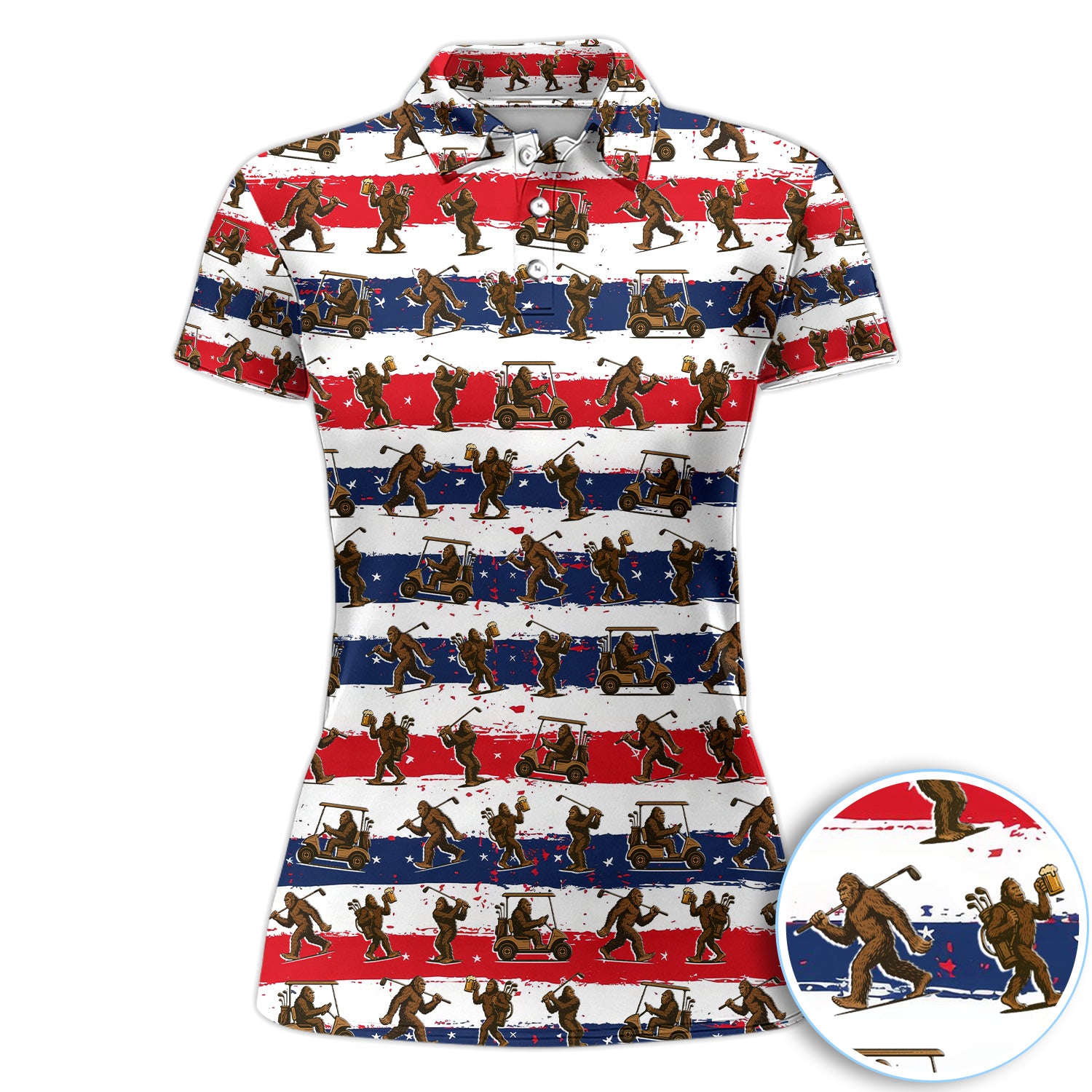 Funny Bigfoot Beer Golf Pattern Shirt, Sasquatch Golf Shirt For Women, Patriotic Golf Gift