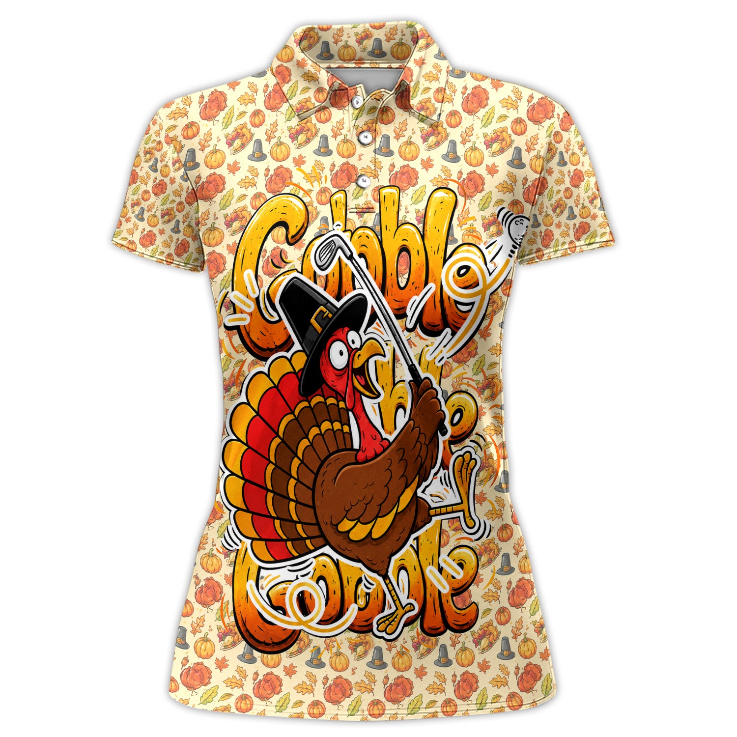 Funny Thanksgiving Turkey Golf Polo Shirt for Women – Gobble Till You Wobble Holiday Polo